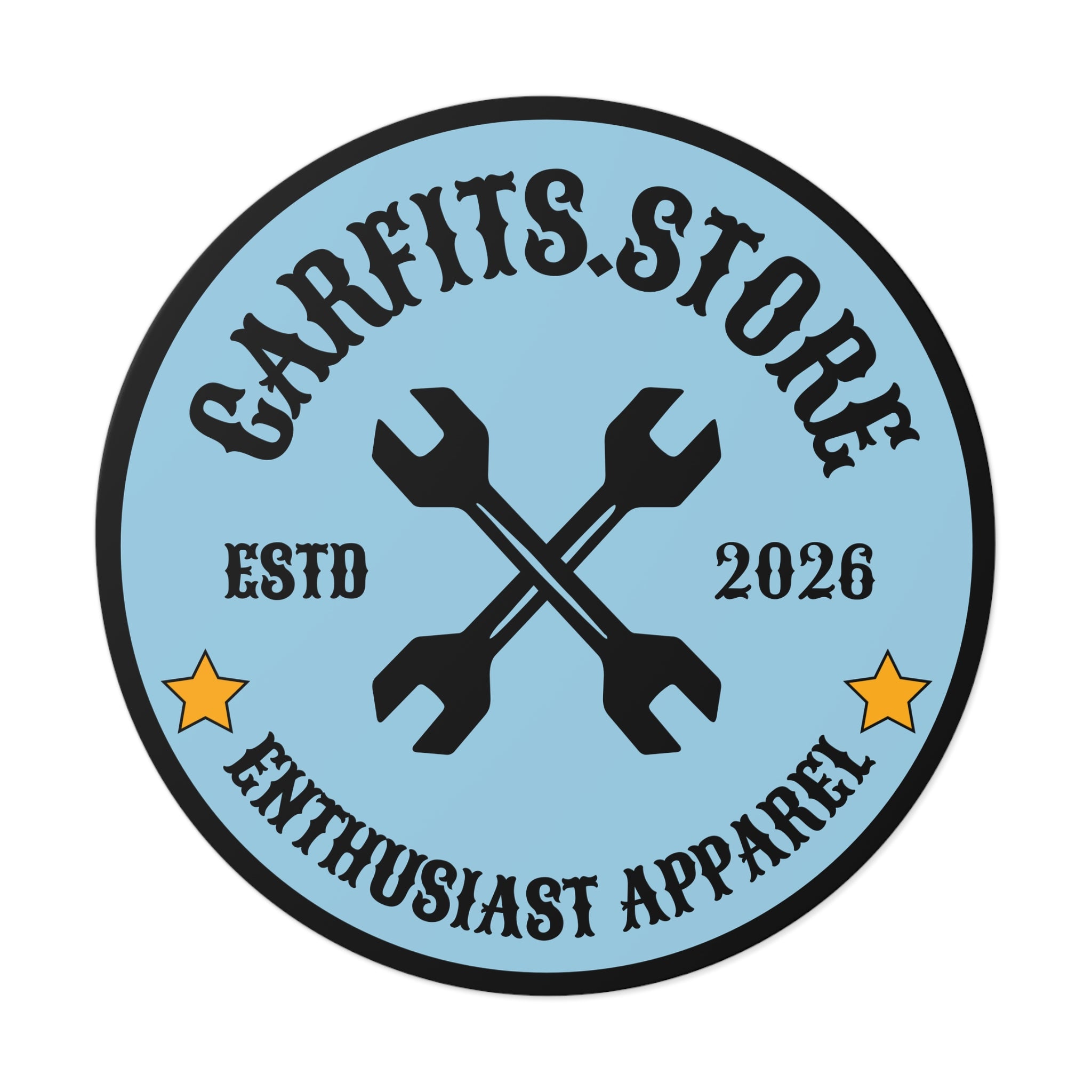 Logo Round Vinyl Sticker — 'CARFITS.STORE' Wrench Emblem (ESTD 2026)