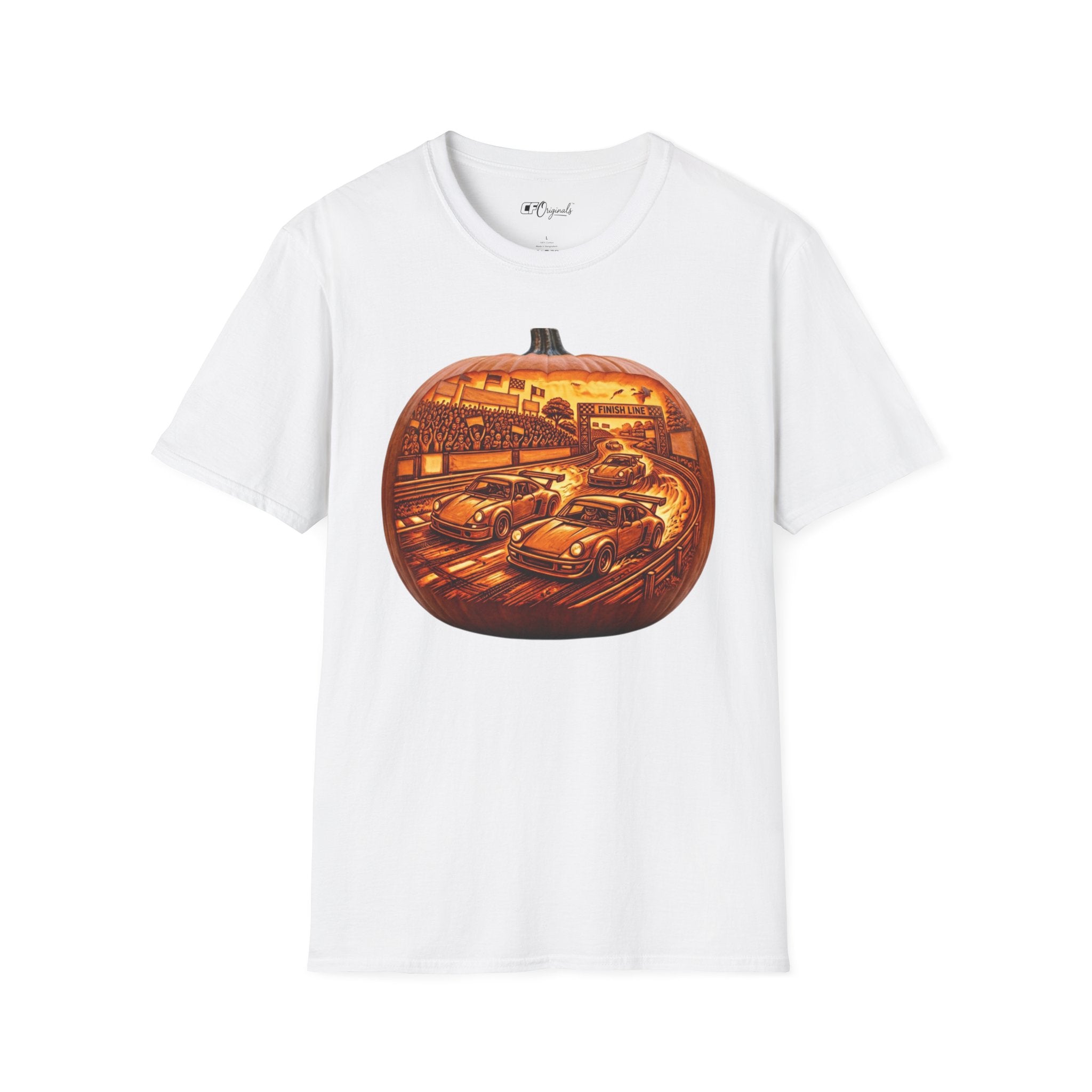 Vintage Racing Pumpkin T-Shirt — Retro Car Grand Prix Halloween Tee