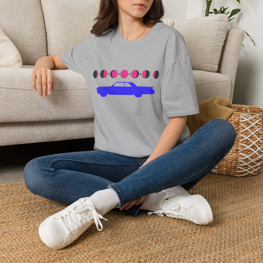 Retro Moon Phase Car T‑Shirt — Blue Classic Car with Pink Moon Phases