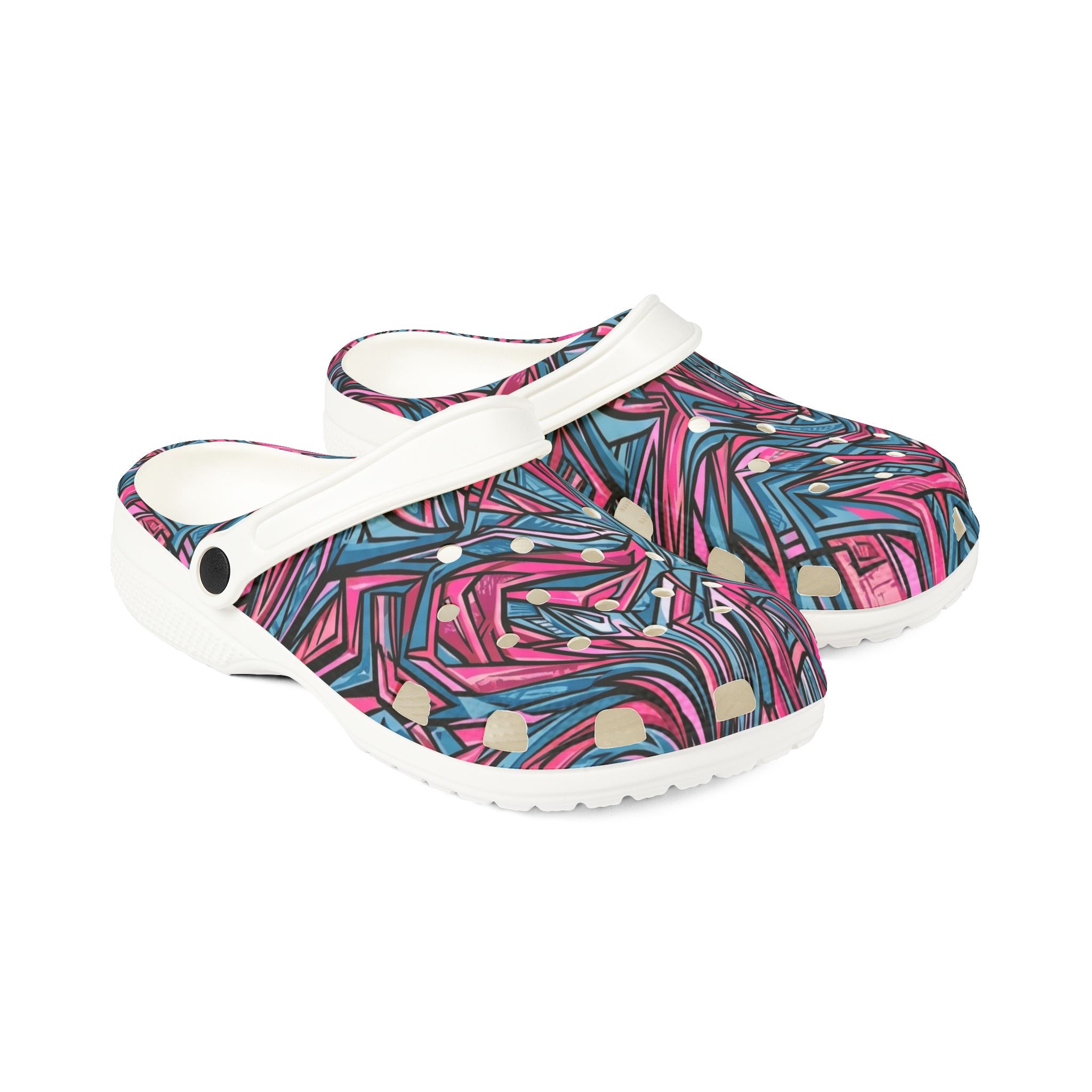 Pink & Teal Abstract Mosaic EVA Clogs — Patterned Slip-On Foam Shoes