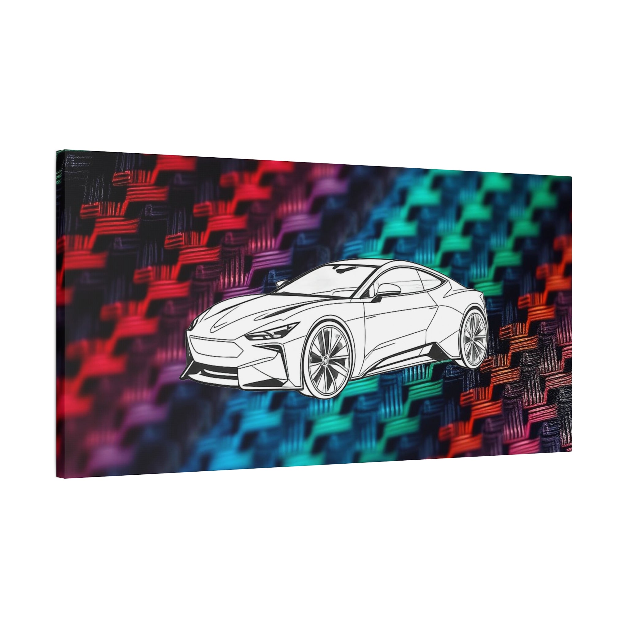 Modern Sports Car Canvas Wall Art – White Line Drawing on Rainbow Carbon Fiber Background