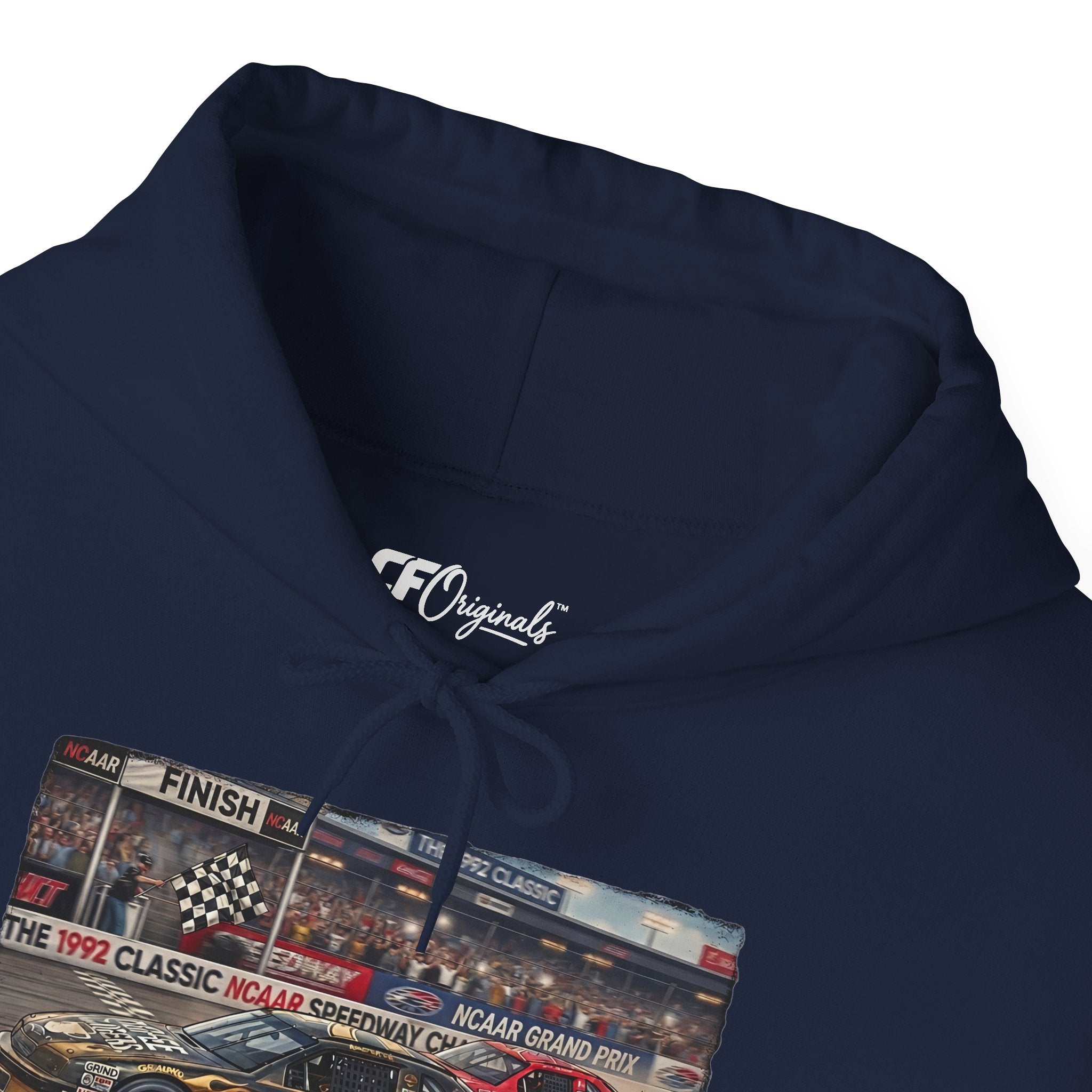 Racing Garage Hooded Sweatshirt — Vintage Racecar Track Scene
