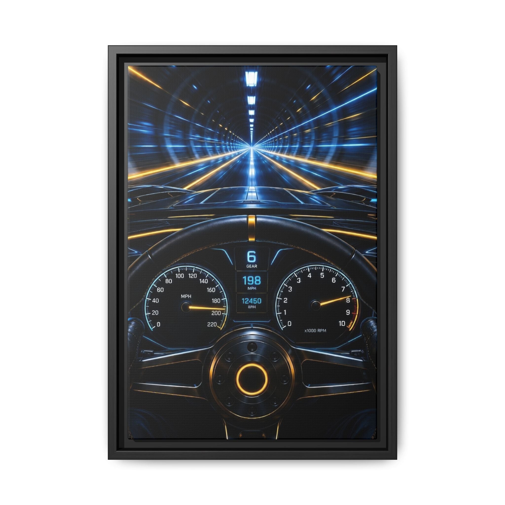 Tunnel Drive Framed Canvas Print — Retro Futuristic Car Dashboard Wall Art