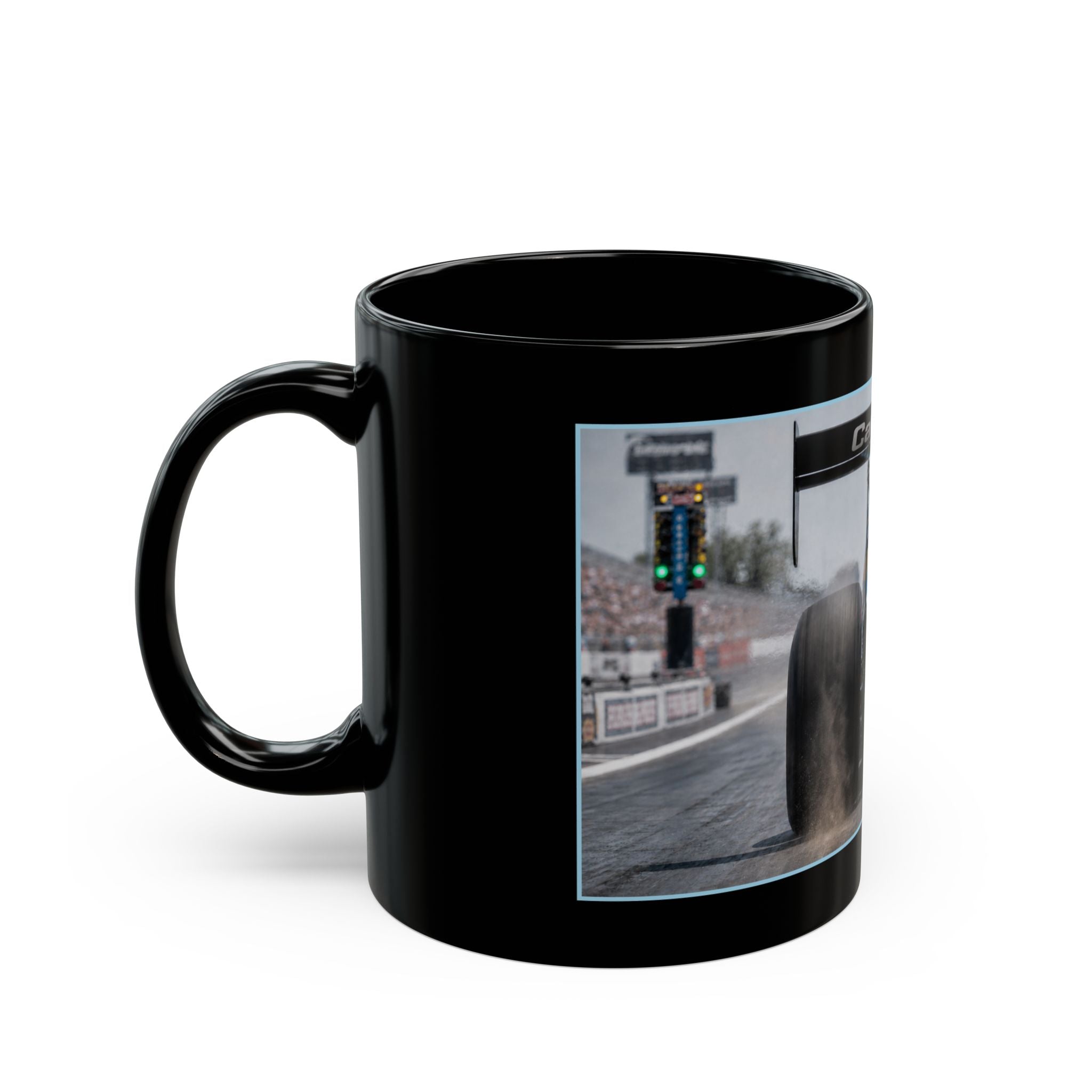 Dragster Racing Black Mug — High-Speed Drag Racing Photo Coffee Cup (11oz/15oz)