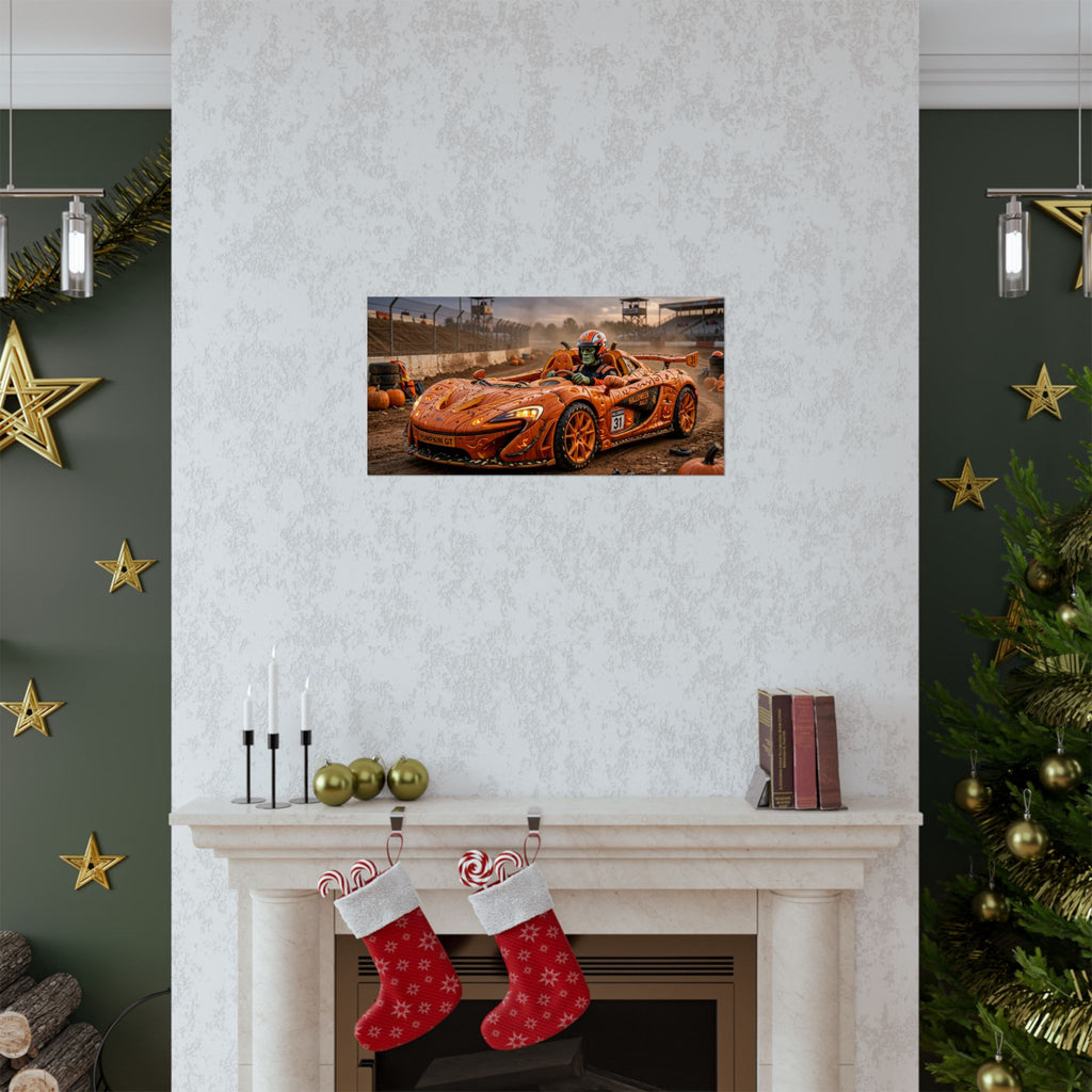 Halloween Race Car Poster — Orange Pumpkin Sports Car Matte Horizontal Print