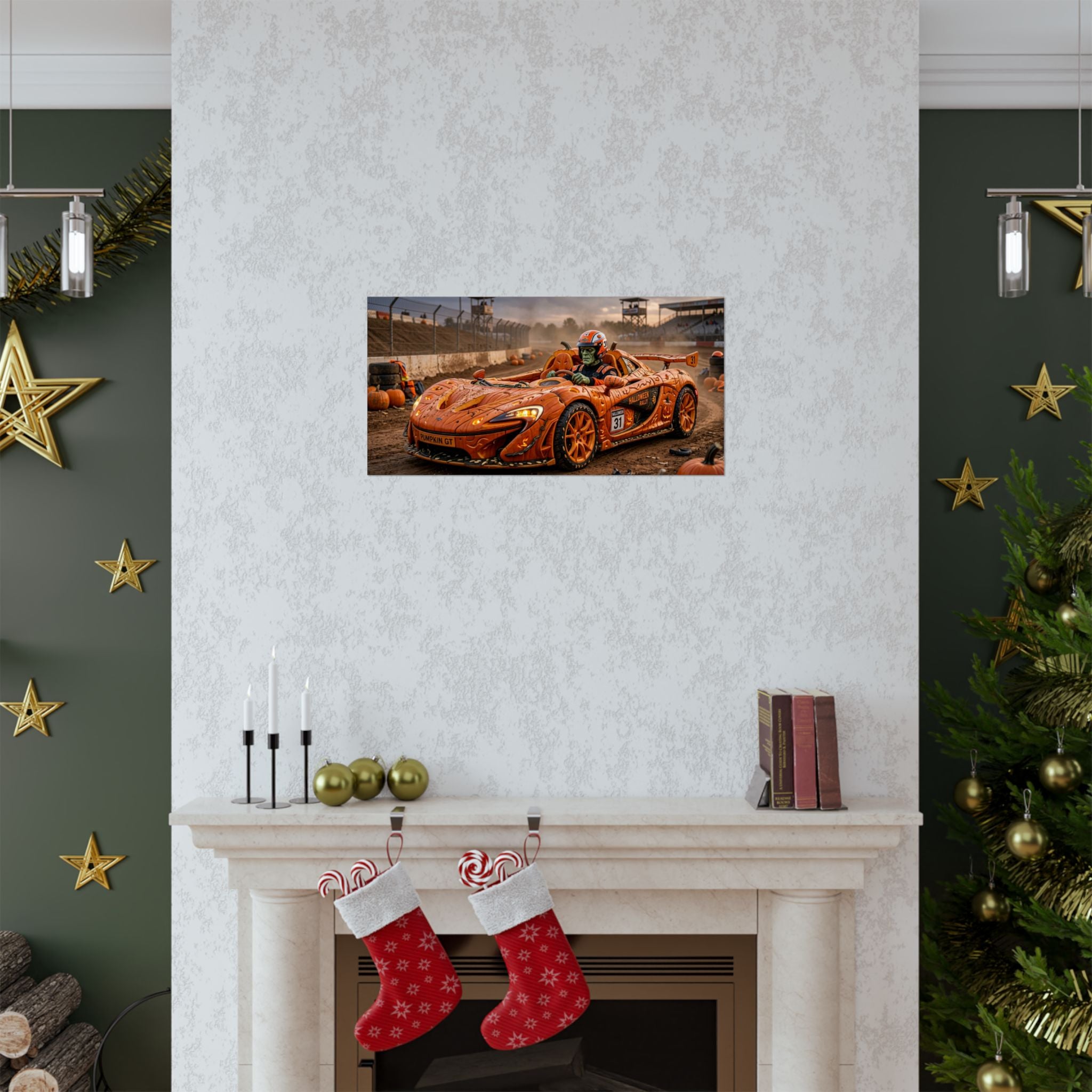 Halloween Race Car Poster — Orange Pumpkin Sports Car Matte Horizontal Print