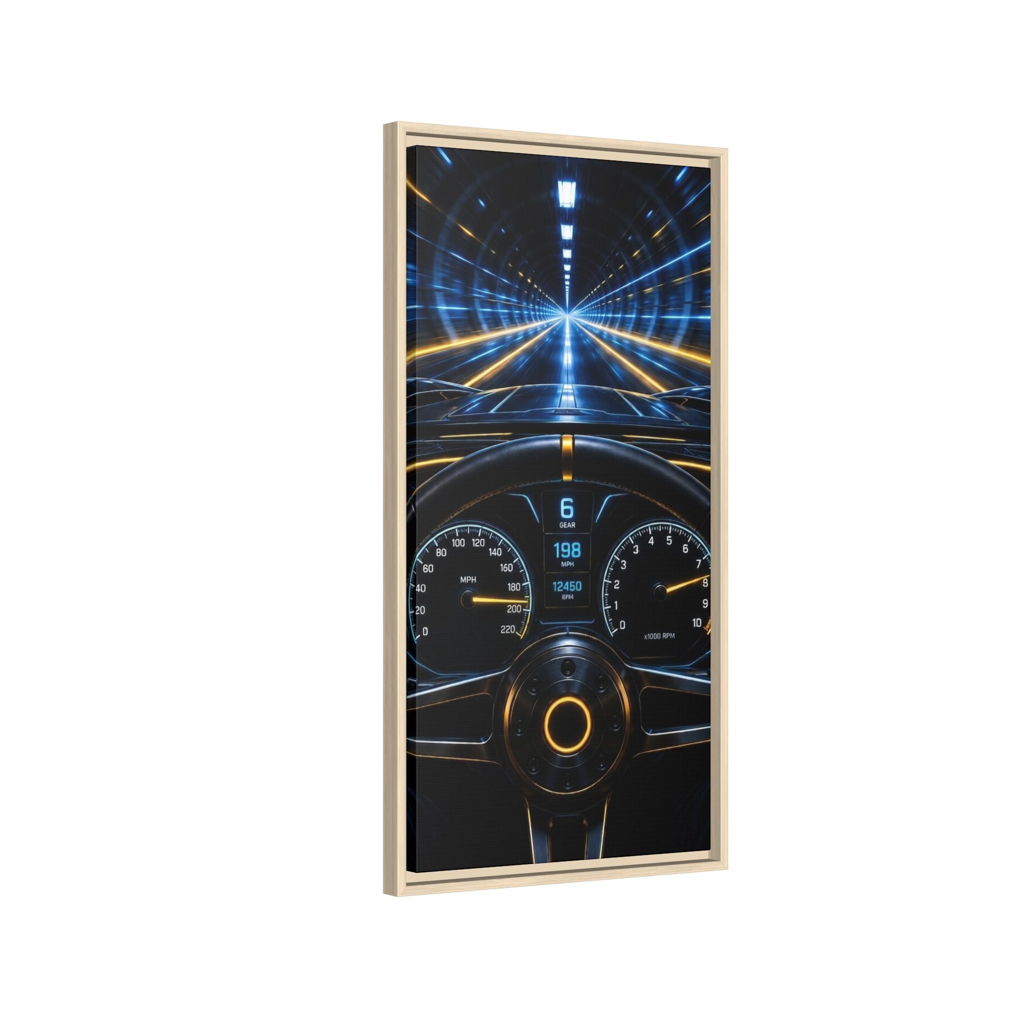 Tunnel Drive Framed Canvas Print — Retro Futuristic Car Dashboard Wall Art