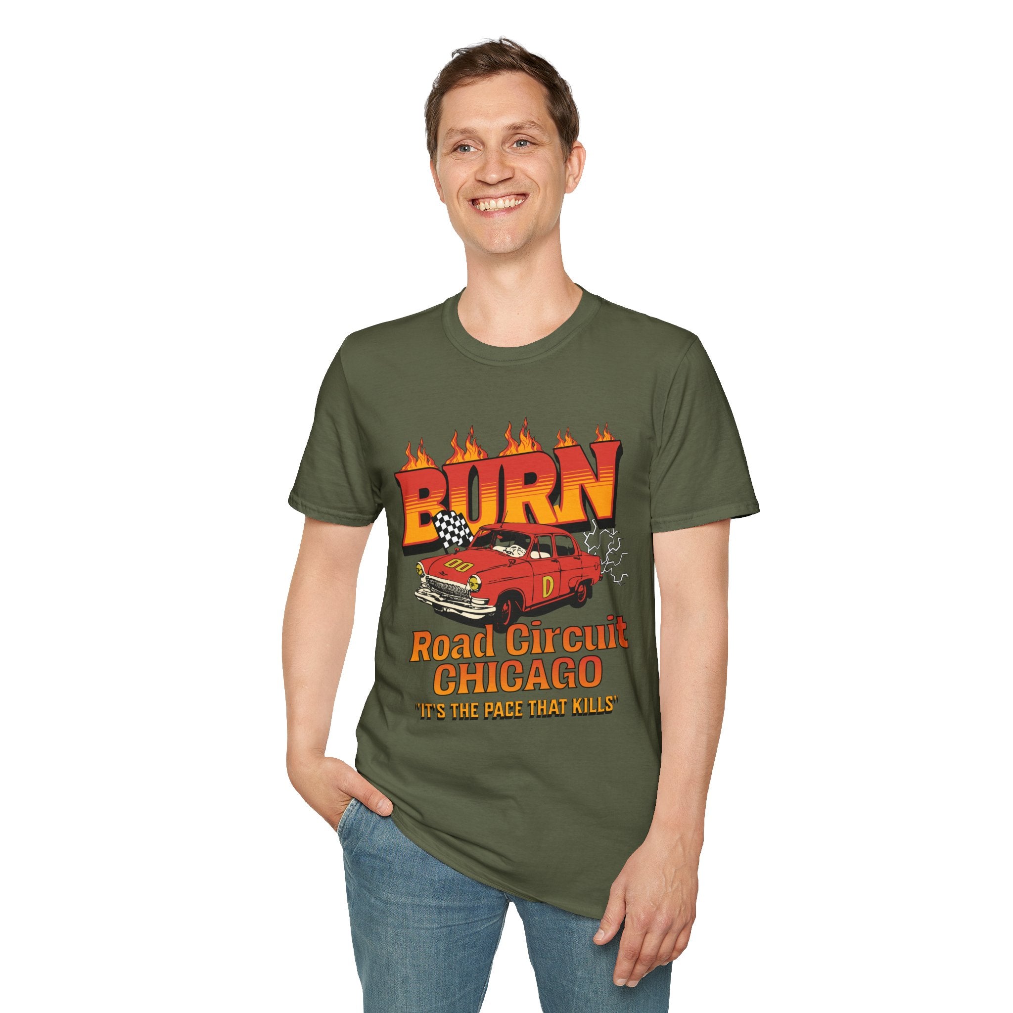 Racing 'BURN' Graphic Tee — Retro Flaming Racecar Chicago Track Shirt