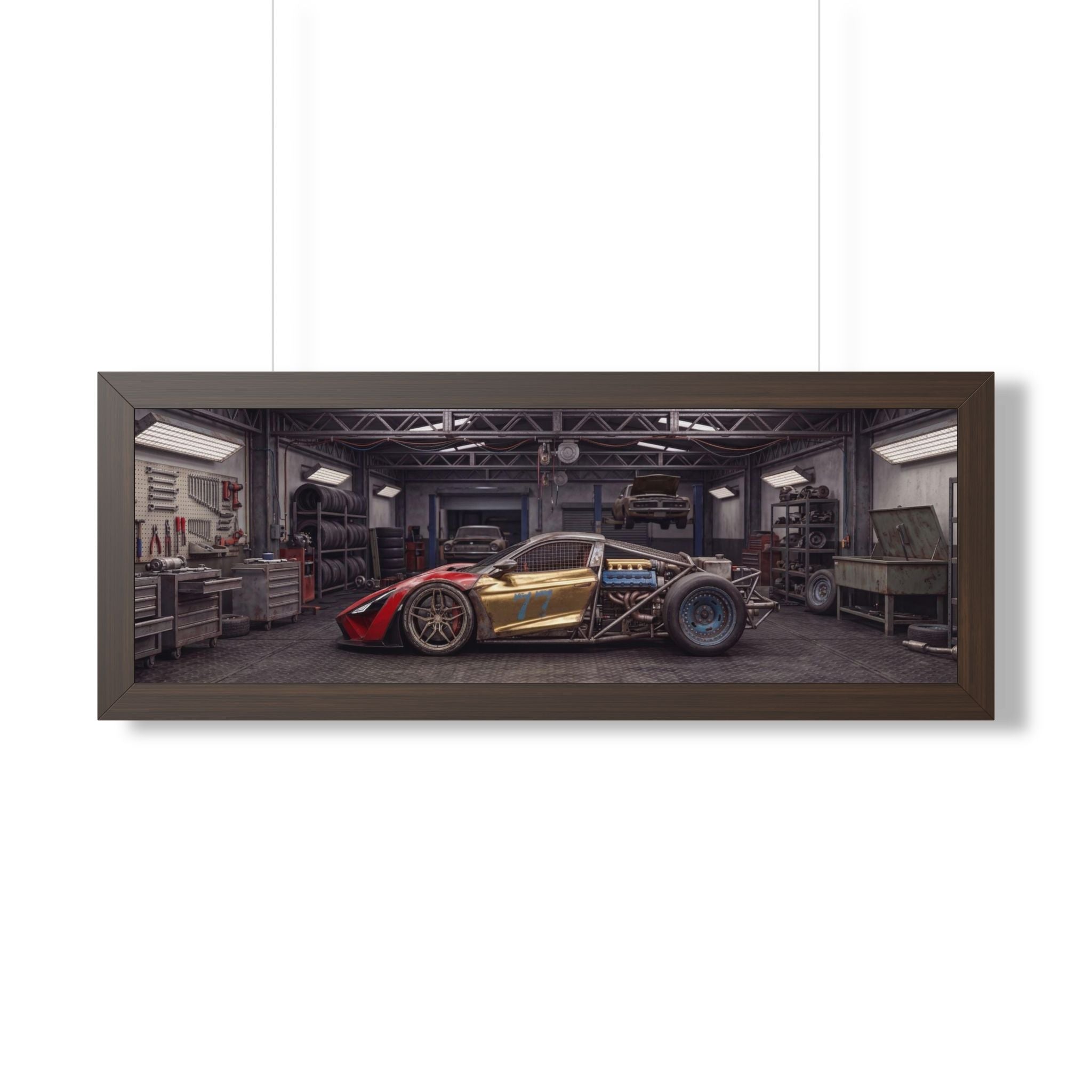 Framed Horizontal Poster — Retro Race Car Garage Print