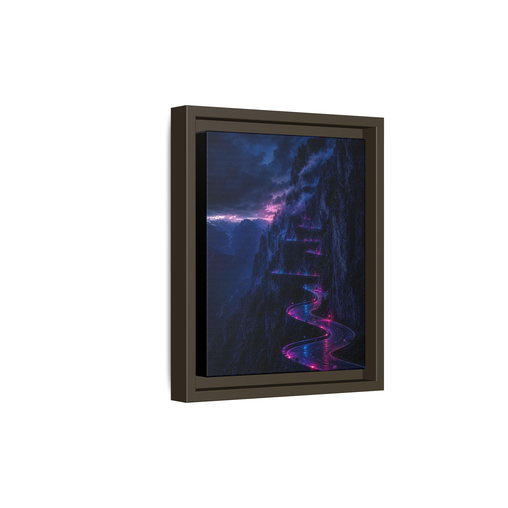 Neon Mountain Road Matte Canvas Print — Framed Nightscape Wall Art
