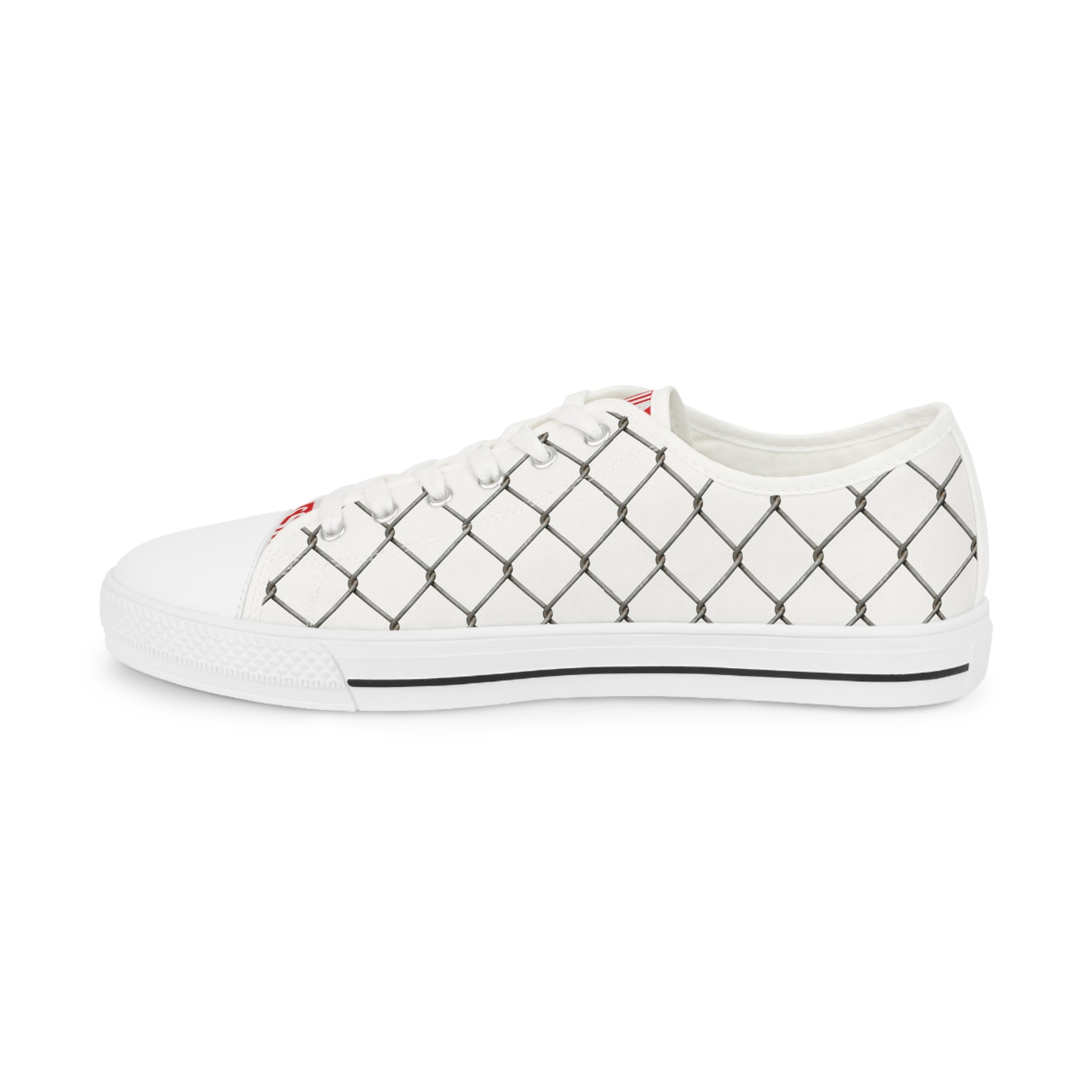 Men's Low Top Sneakers — White Canvas Chain-Link Pattern with 'Surveillance' Tongue