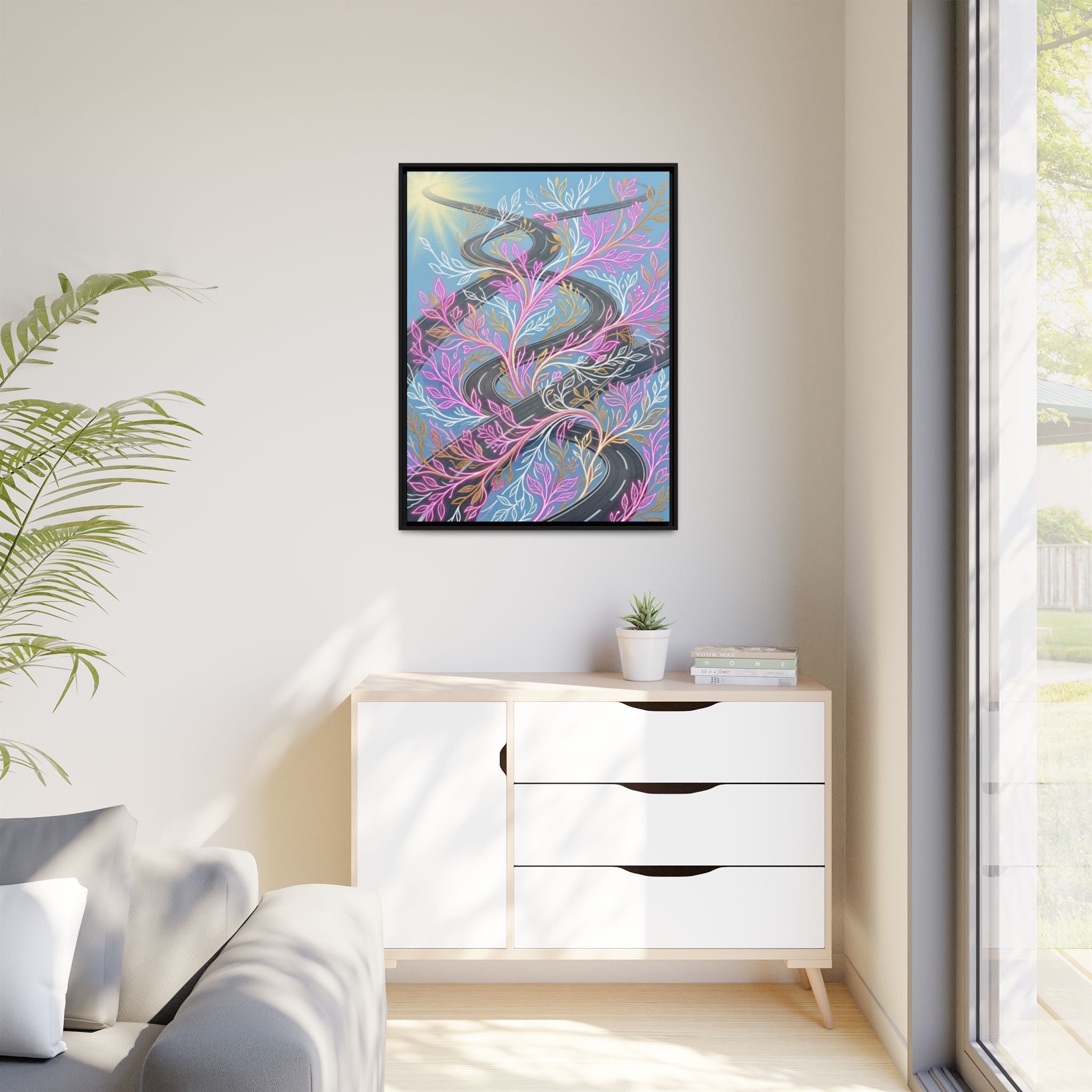 Framed Matte Canvas Floral Vines Wall Art — Pastel Botanical Abstract