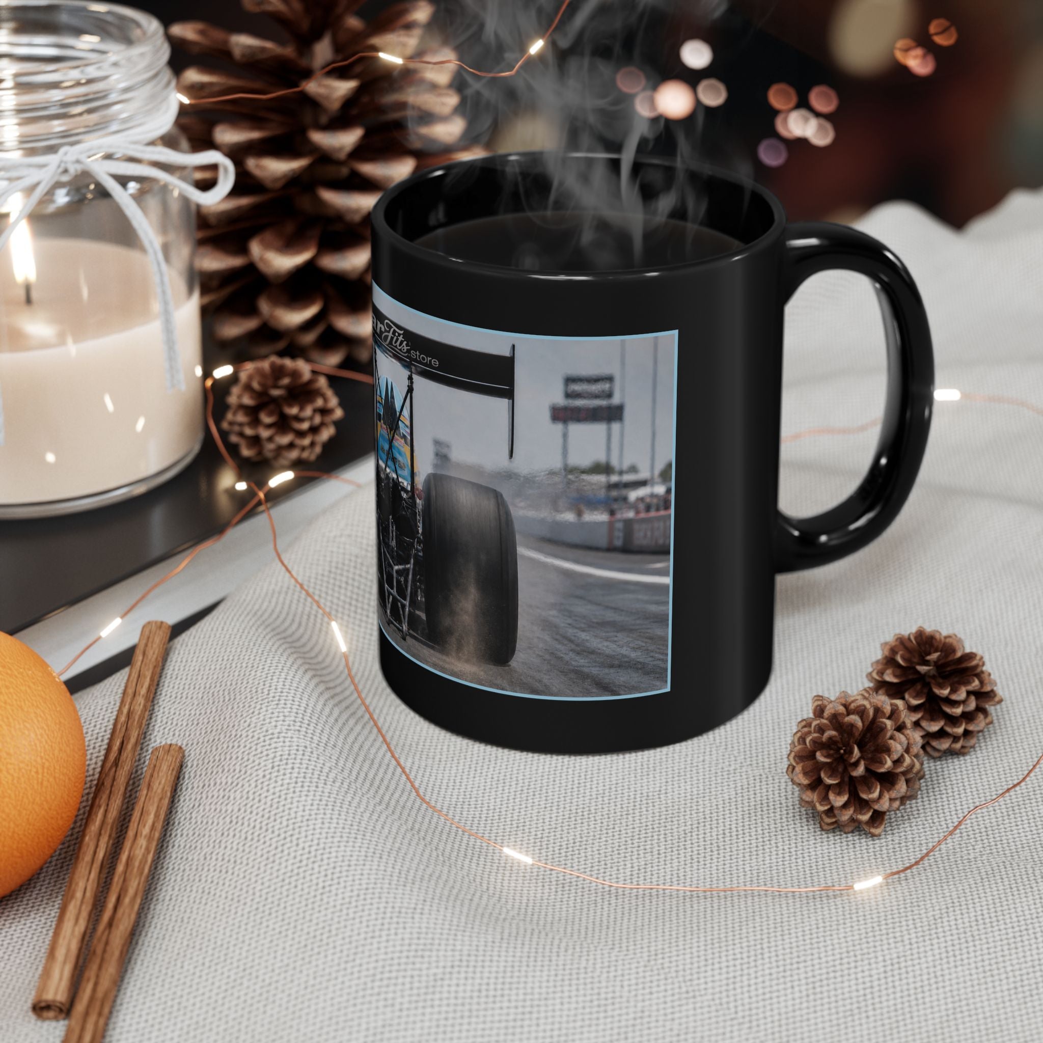 Dragster Racing Black Mug — High-Speed Drag Racing Photo Coffee Cup (11oz/15oz)
