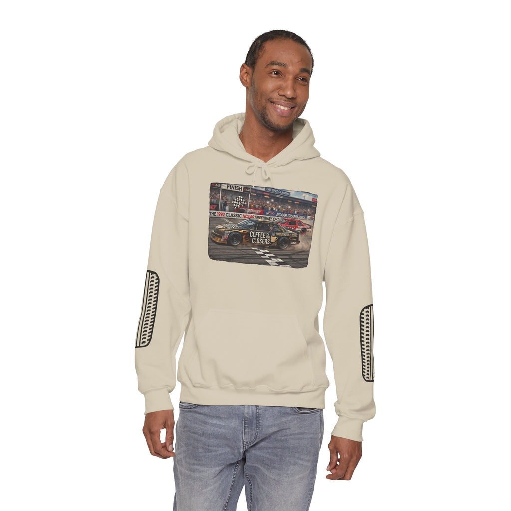 Racing Garage Hooded Sweatshirt — Vintage Racecar Track Scene