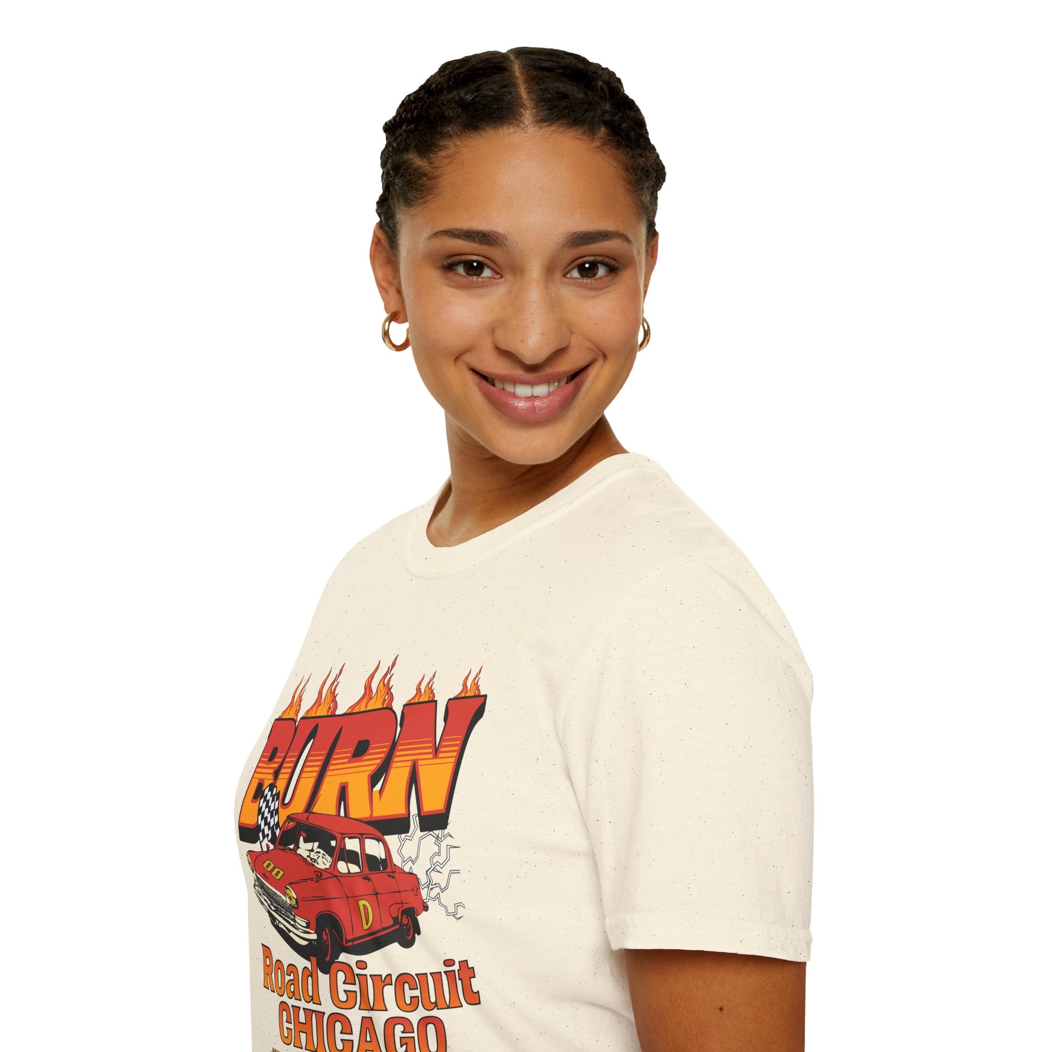 Racing 'BURN' Graphic Tee — Retro Flaming Racecar Chicago Track Shirt