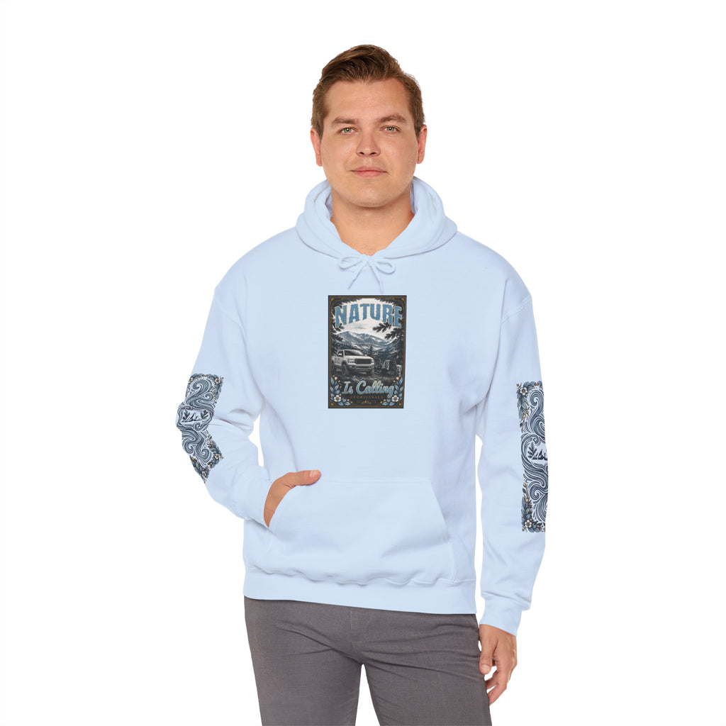 Nature Is Calling Hoodie — Scenic Mountain Graphic Hooded Sweatshirt with Sleeve Paisley Art