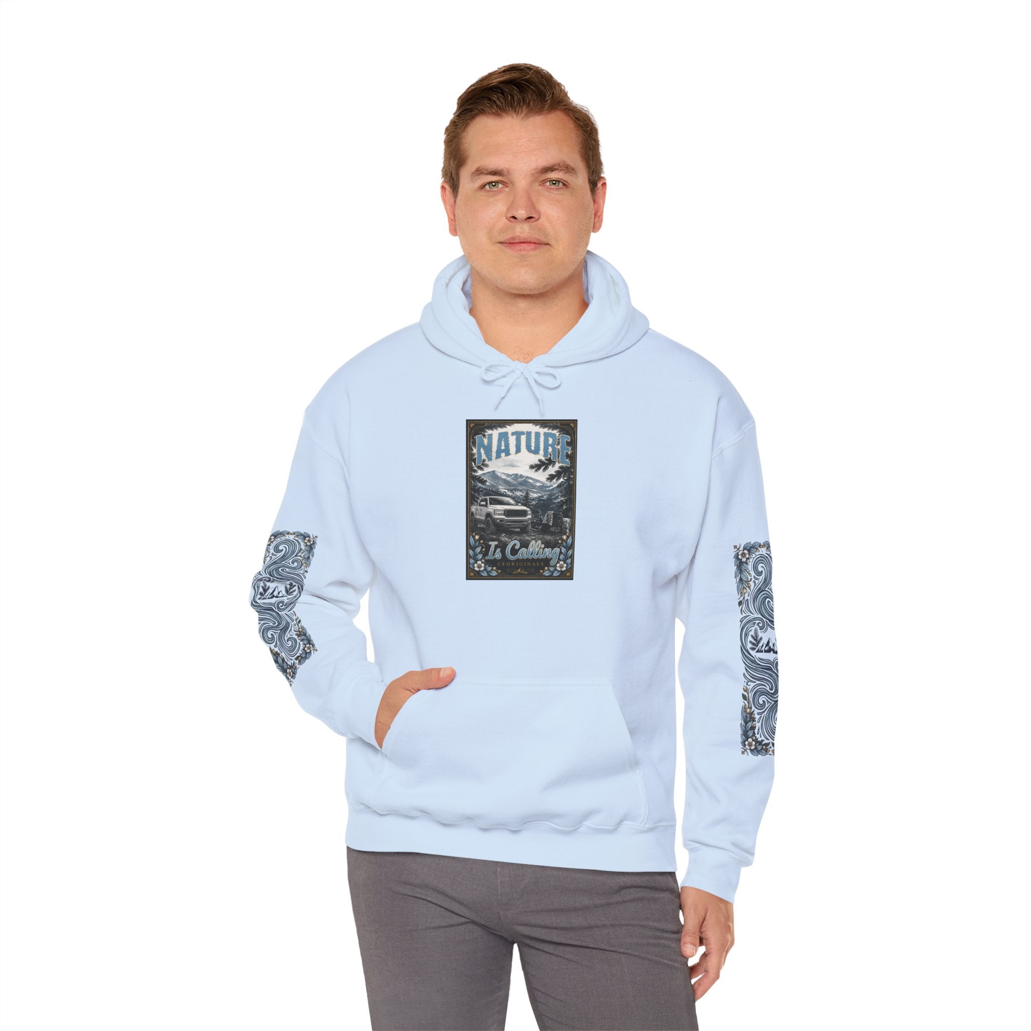 Nature Is Calling Hoodie — Scenic Mountain Graphic Hooded Sweatshirt with Sleeve Paisley Art