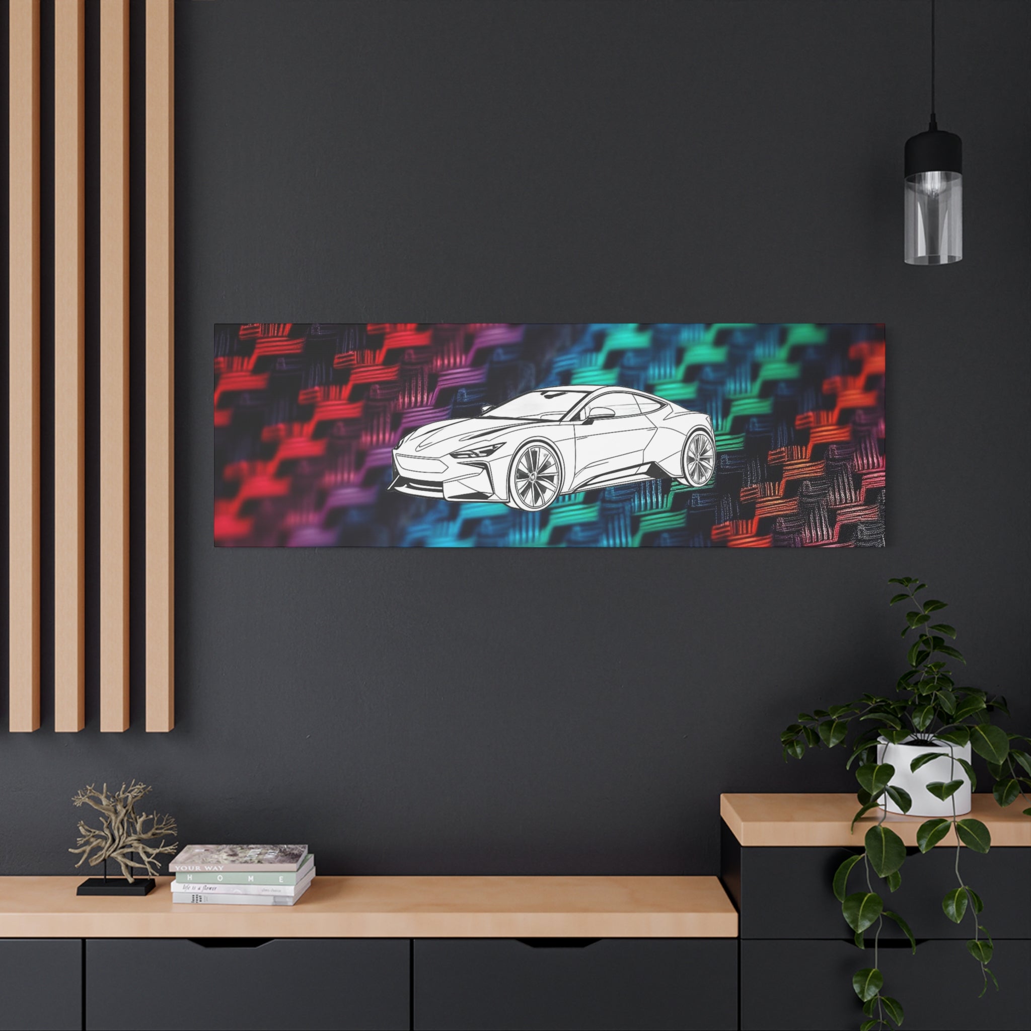 Modern Sports Car Canvas Wall Art – White Line Drawing on Rainbow Carbon Fiber Background
