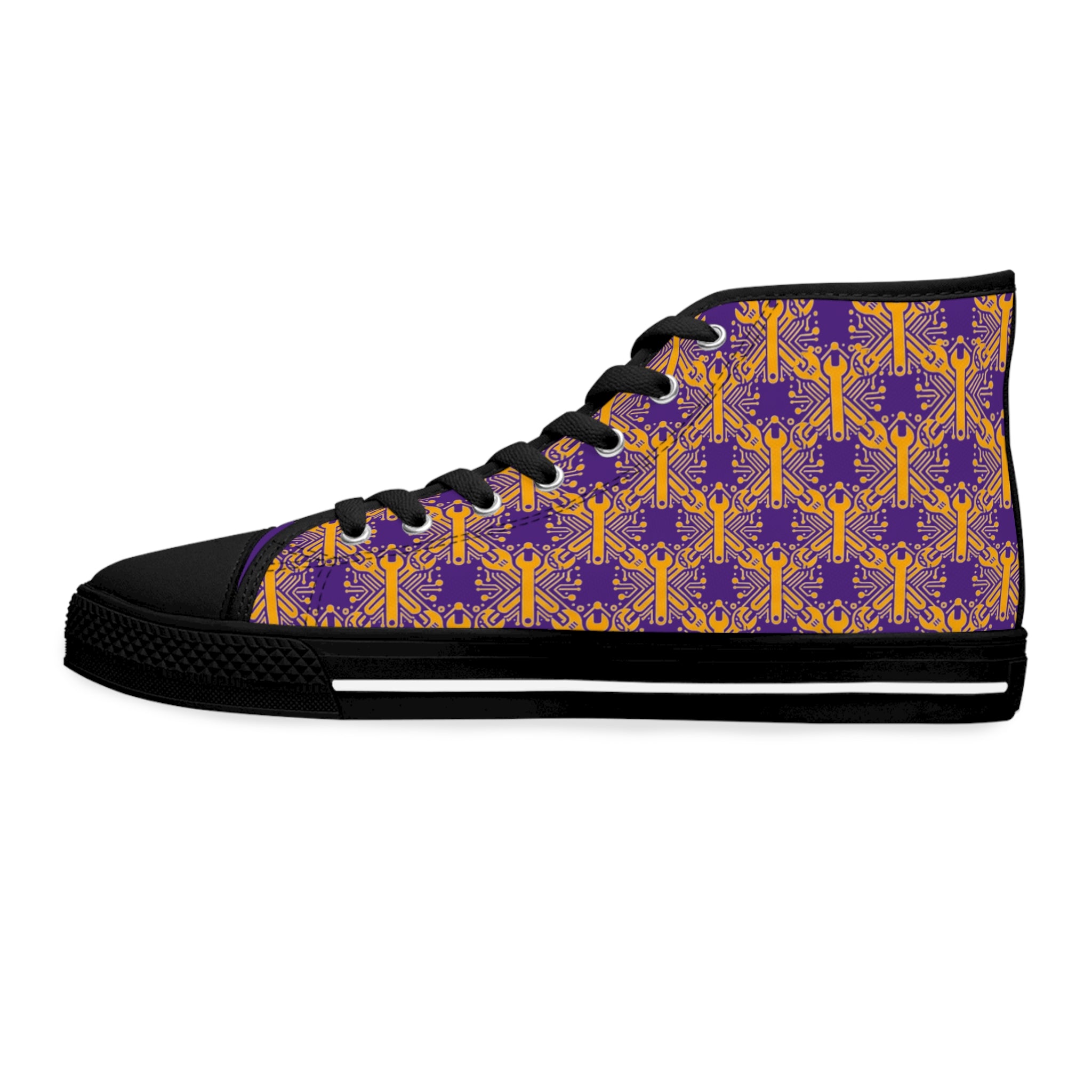 Purple and Gold Wrench High-Tops — Women's Patterned Canvas Shoes