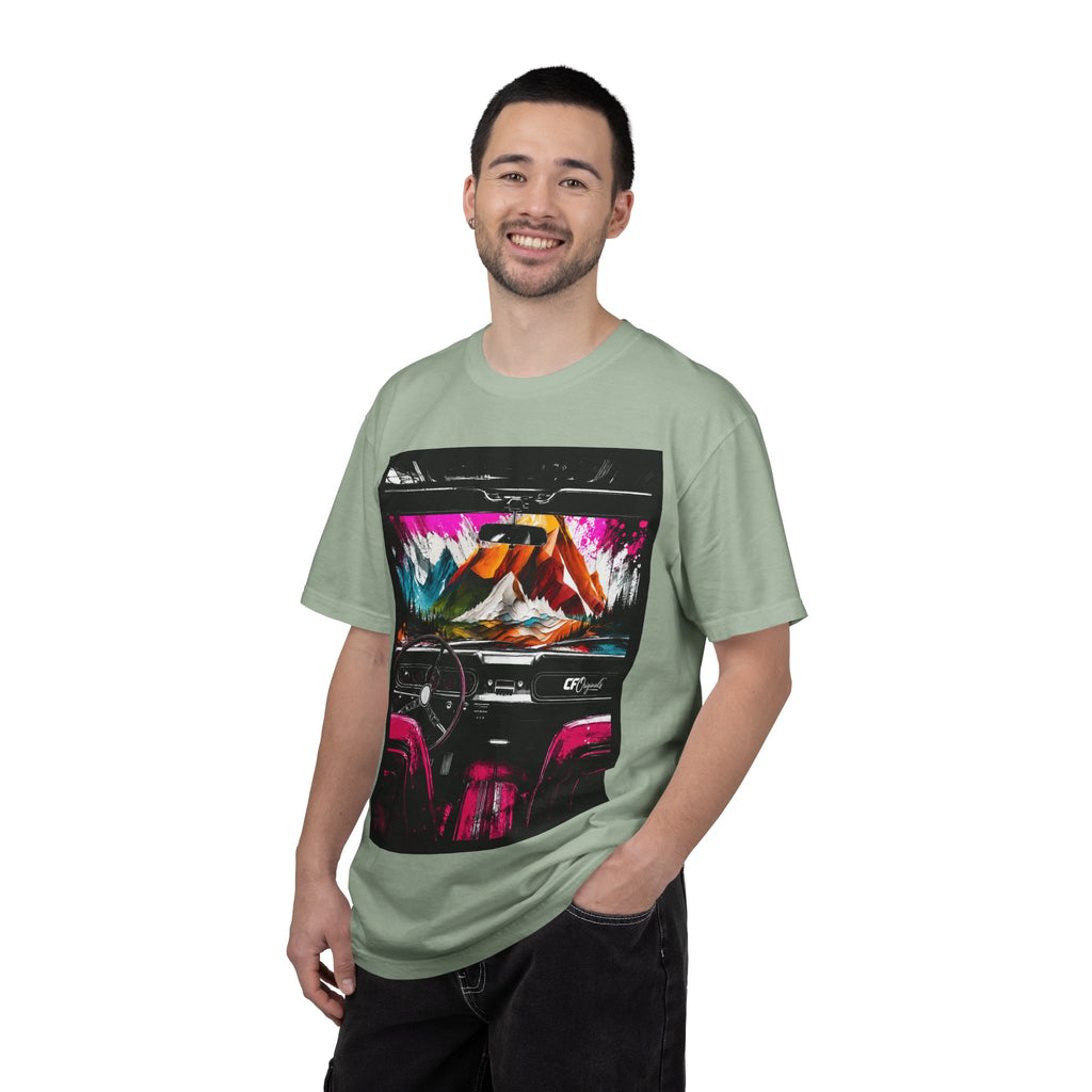 CarFits.store Big Prints T-Shirt — Retro Engine & Scenic Drive
