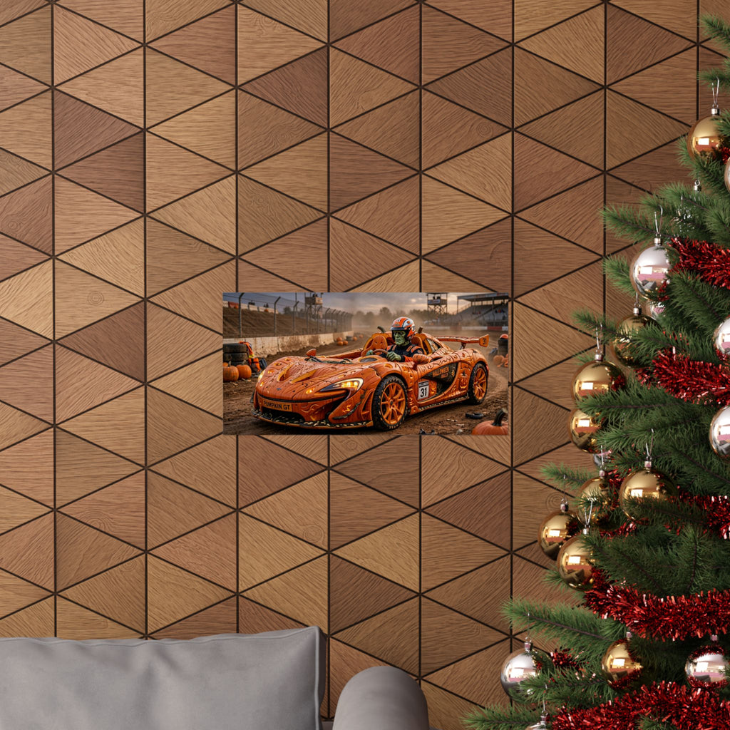 Halloween Race Car Poster — Orange Pumpkin Sports Car Matte Horizontal Print