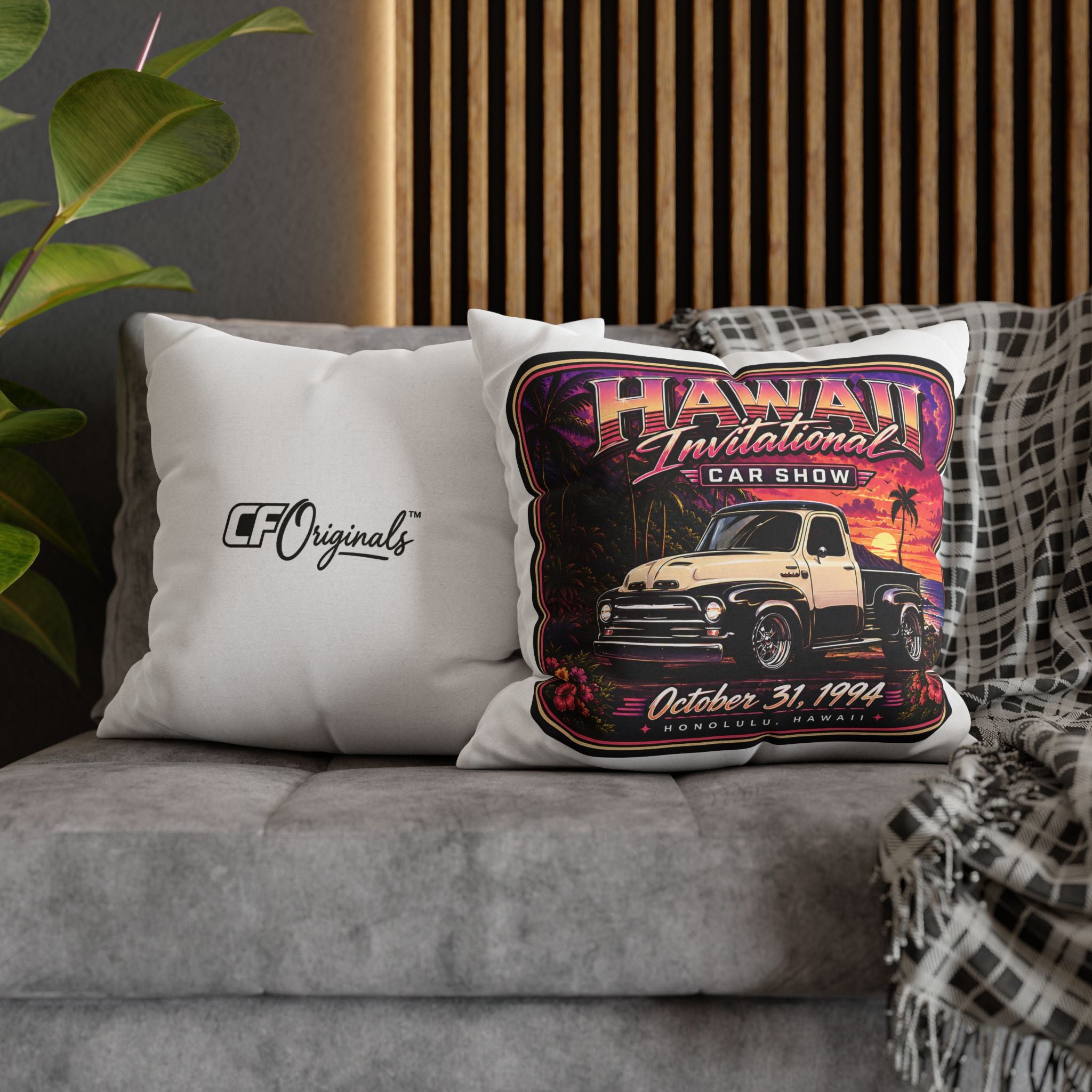 Hawaii Invitational Car Show Throw Pillow — Vintage Truck Sunset Design