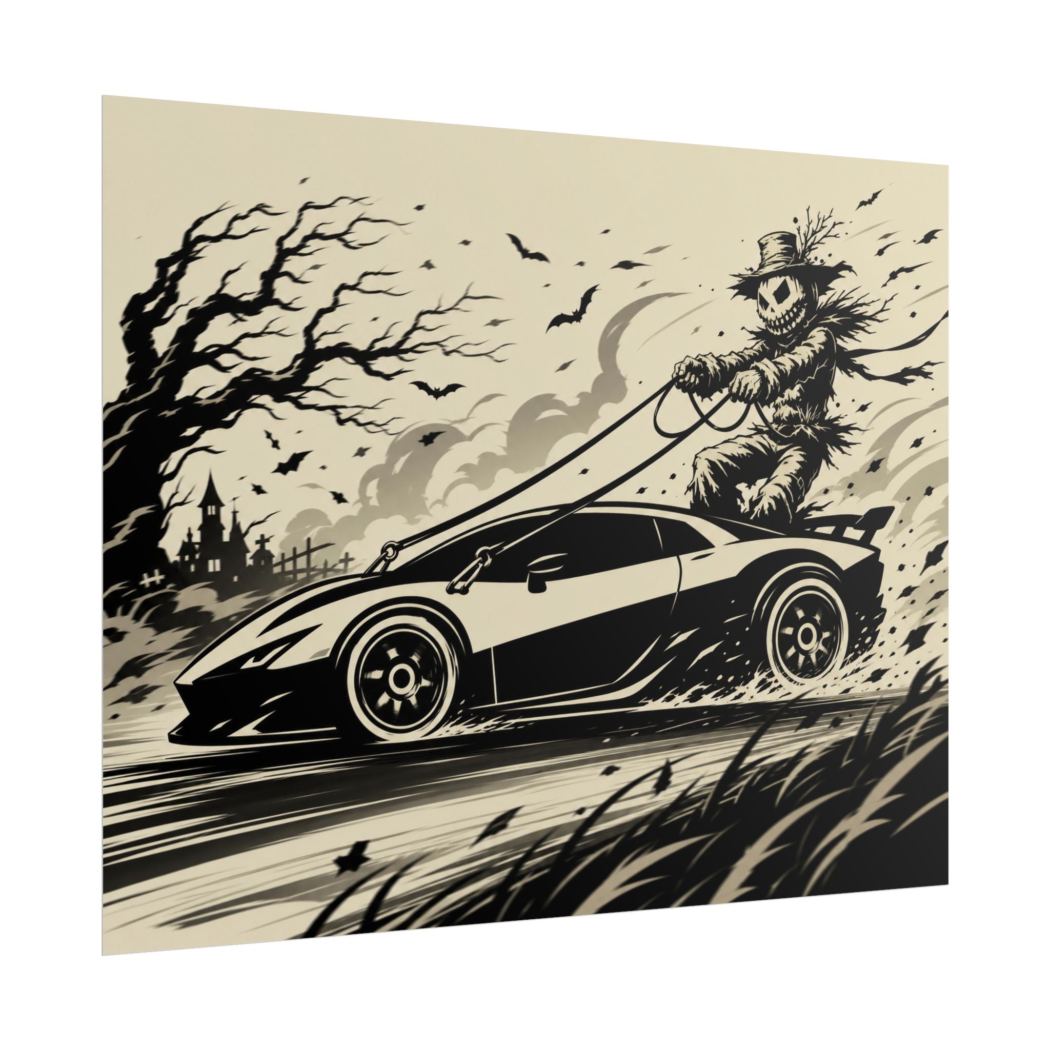 Poster - Scarecrow Driving Sports Car Vintage Halloween Art Print