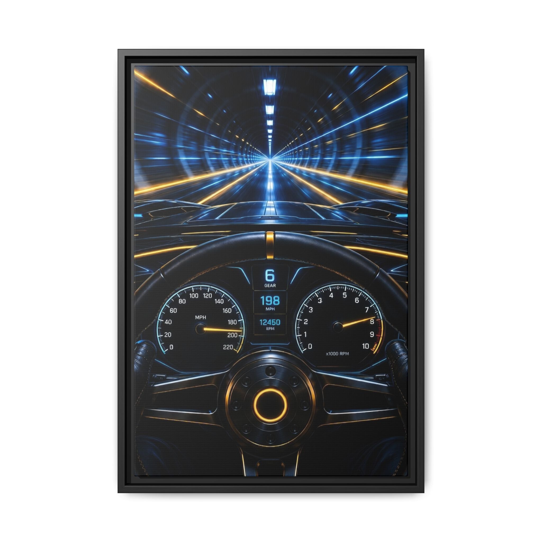 Tunnel Drive Framed Canvas Print — Retro Futuristic Car Dashboard Wall Art