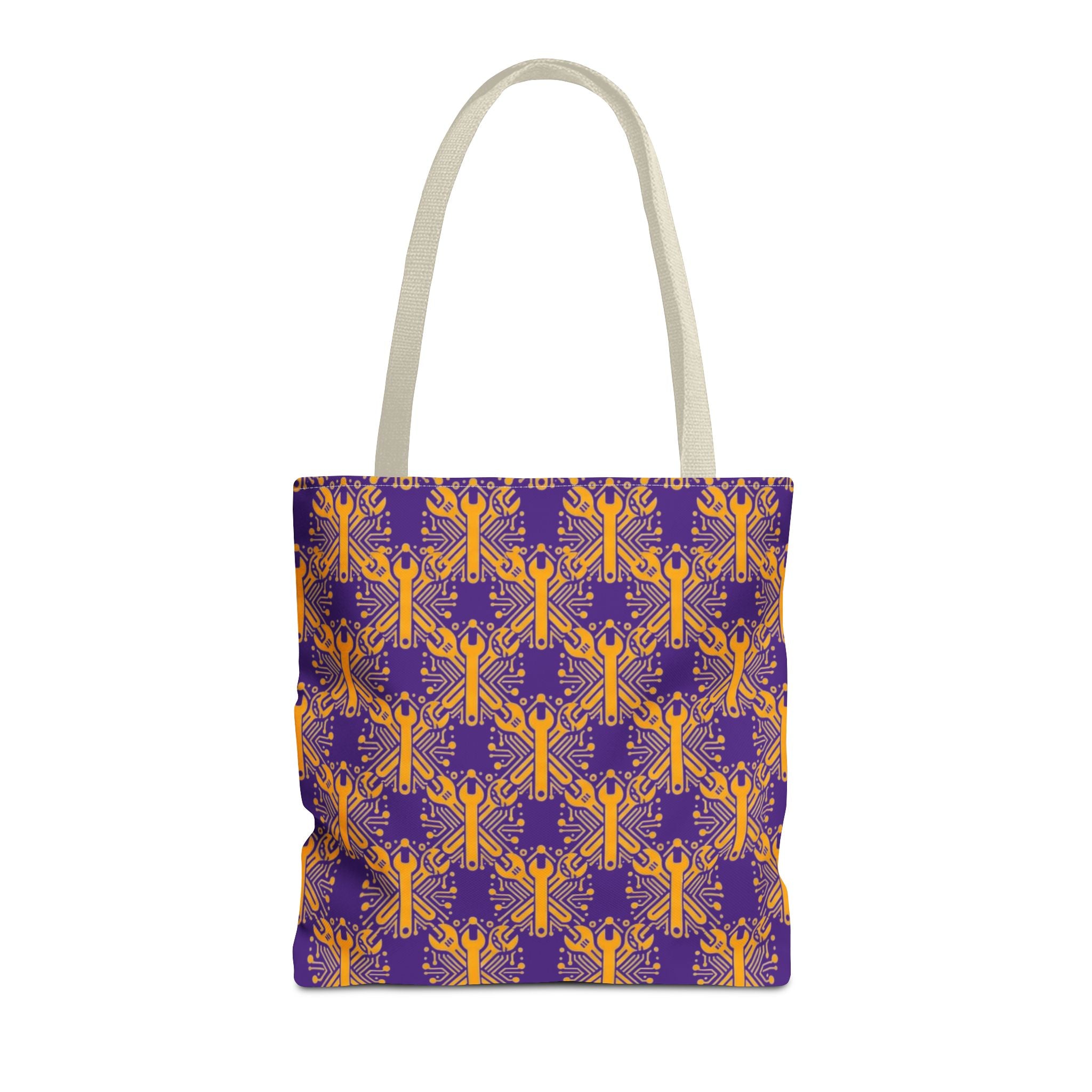 Purple & Gold Wrench Pattern Tote Bag – Automotive All-Over Print Tote