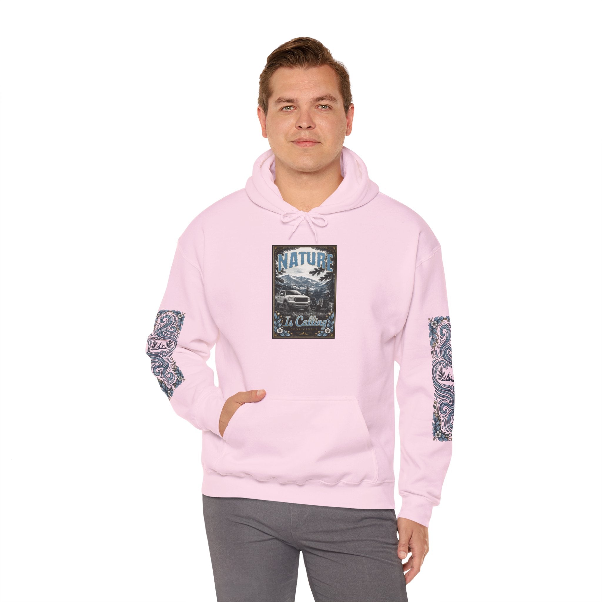 Nature Is Calling Hoodie — Scenic Mountain Graphic Hooded Sweatshirt with Sleeve Paisley Art