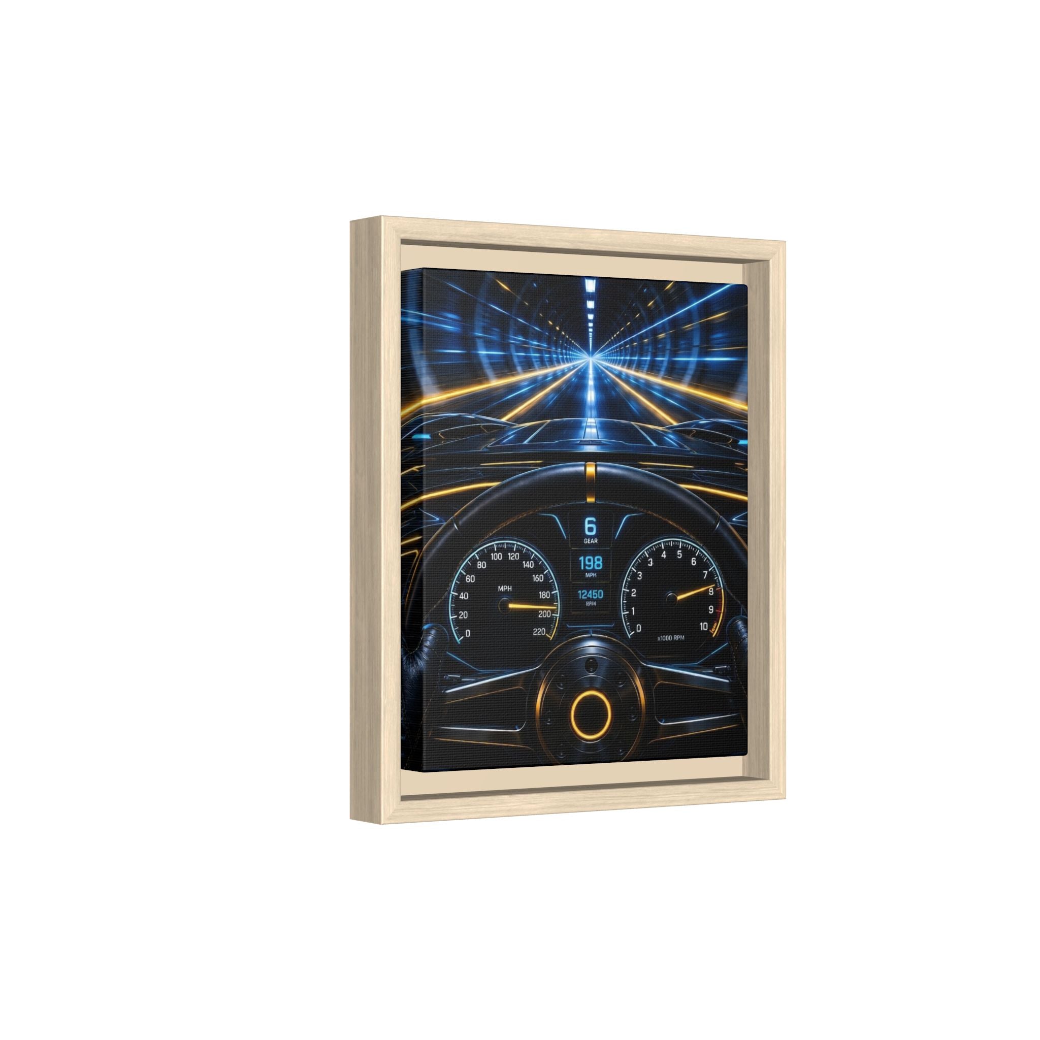 Tunnel Drive Framed Canvas Print — Retro Futuristic Car Dashboard Wall Art