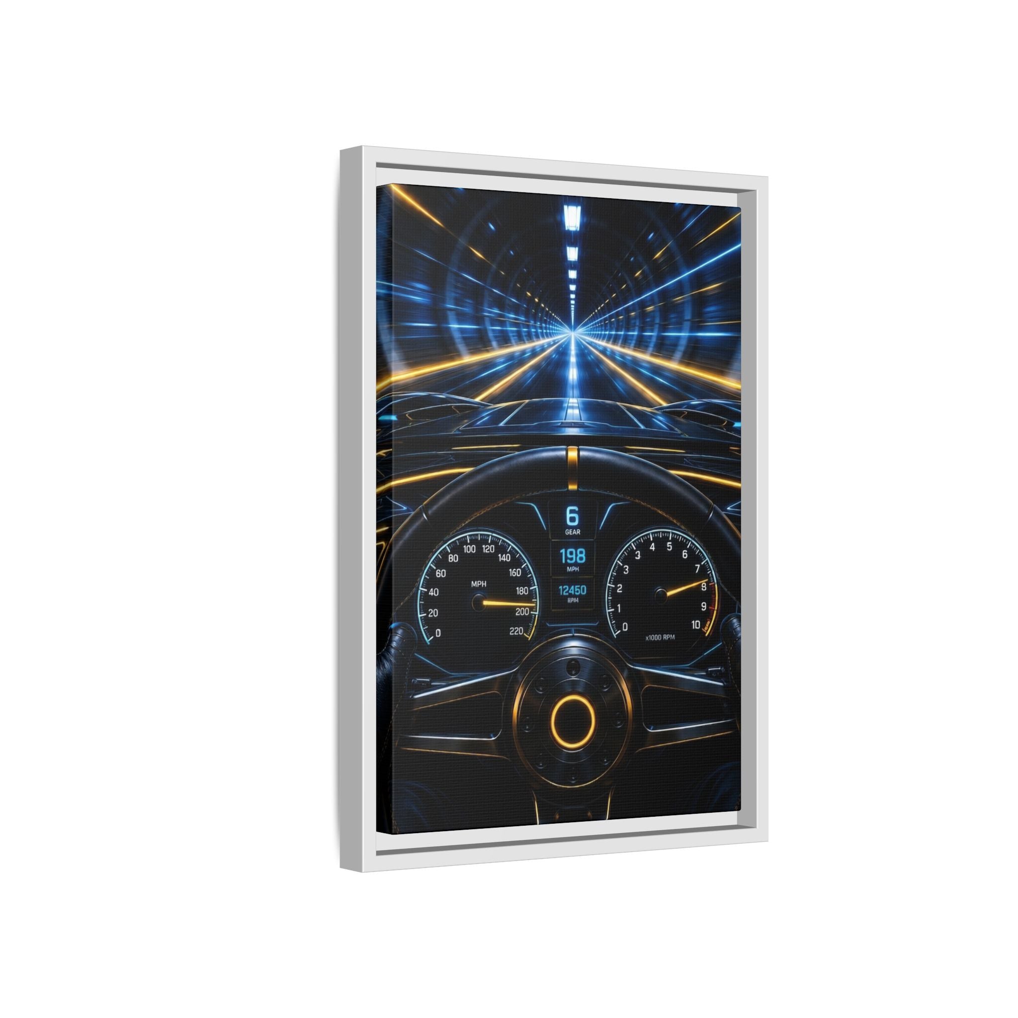 Tunnel Drive Framed Canvas Print — Retro Futuristic Car Dashboard Wall Art