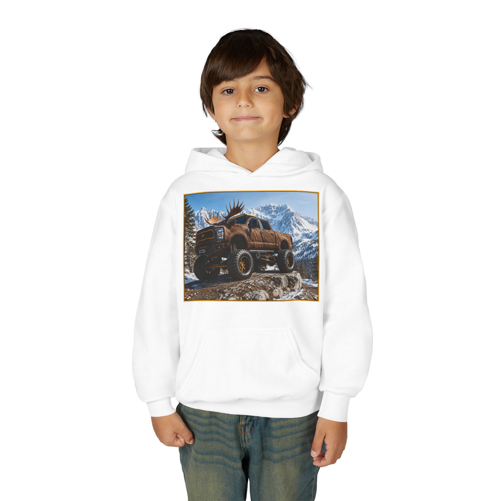 Youth Hoodie - Moose Truck Mountain Adventure Graphic