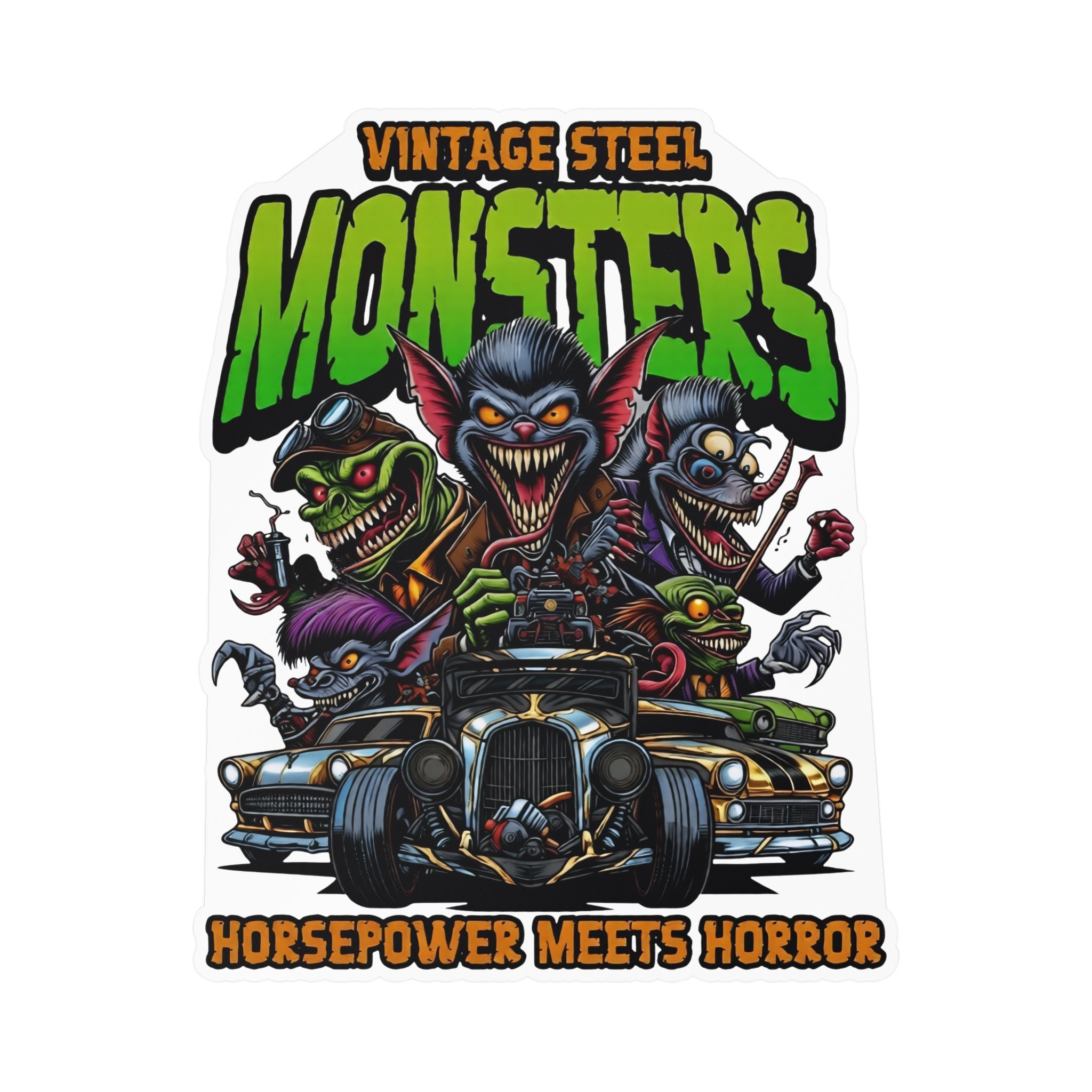 Vintage Steel Monsters Kiss-Cut Vinyl Decal — Horsepower Meets Horror Car Sticker