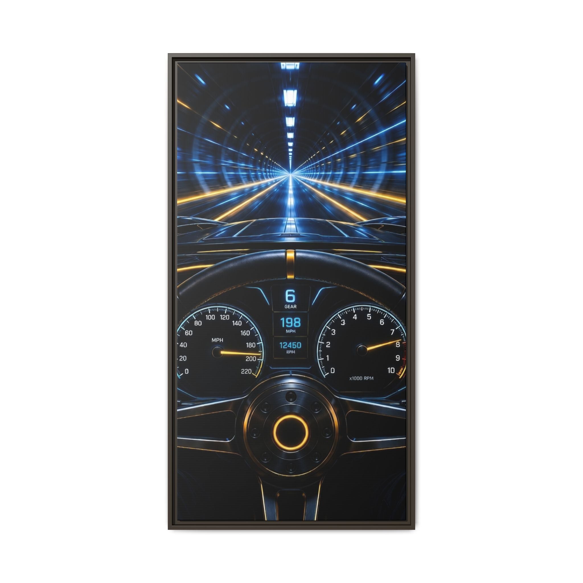 Tunnel Drive Framed Canvas Print — Retro Futuristic Car Dashboard Wall Art