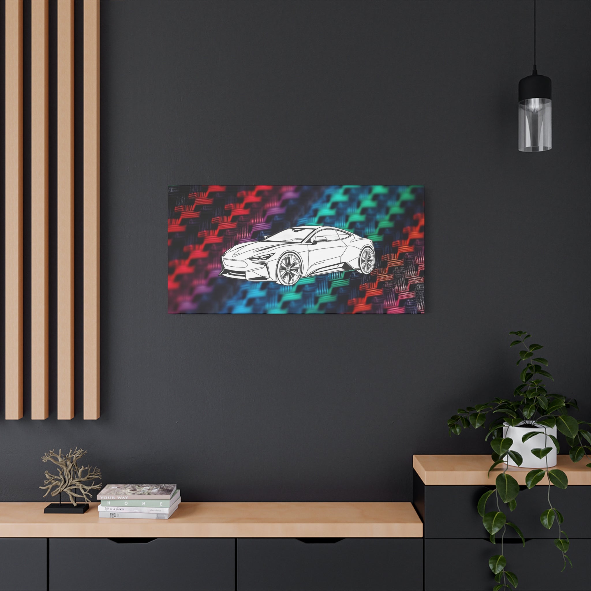 Modern Sports Car Canvas Wall Art – White Line Drawing on Rainbow Carbon Fiber Background