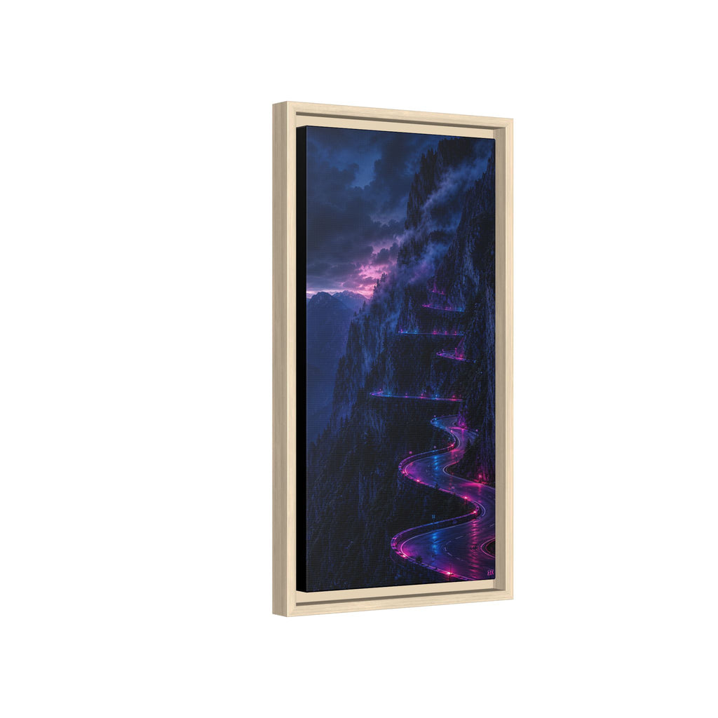 Neon Mountain Road Matte Canvas Print — Framed Nightscape Wall Art