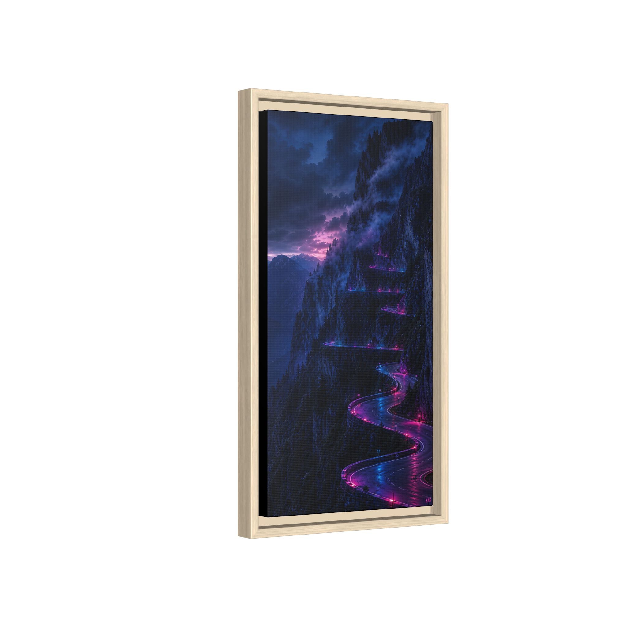 Neon Mountain Road Matte Canvas Print — Framed Nightscape Wall Art