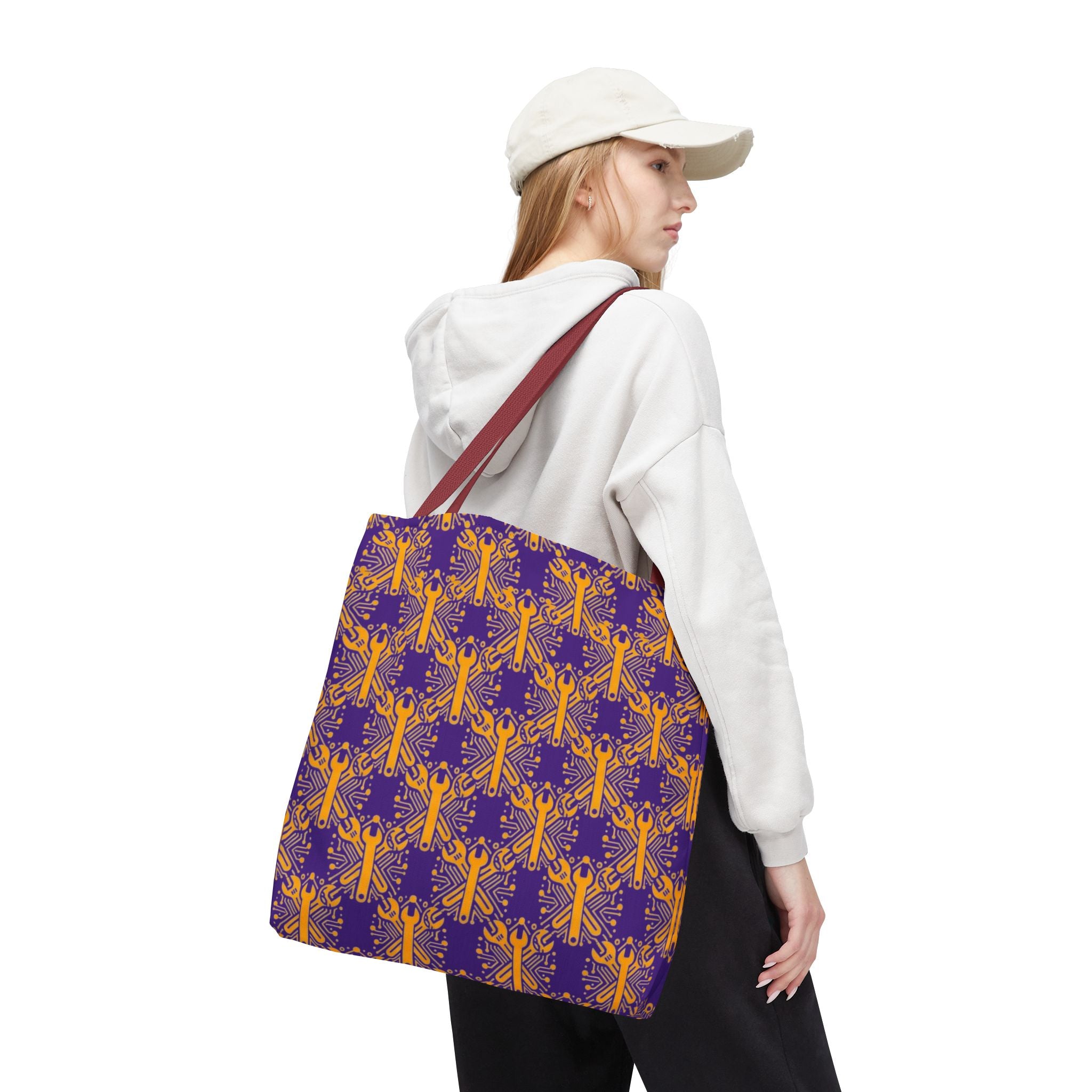 Purple & Gold Wrench Pattern Tote Bag – Automotive All-Over Print Tote