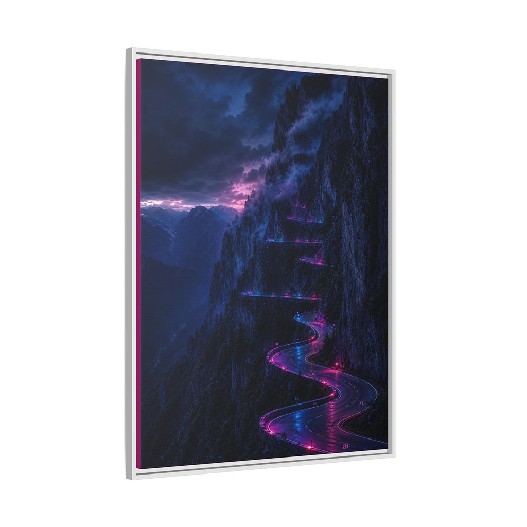 Neon Mountain Road Matte Canvas Print — Framed Nightscape Wall Art