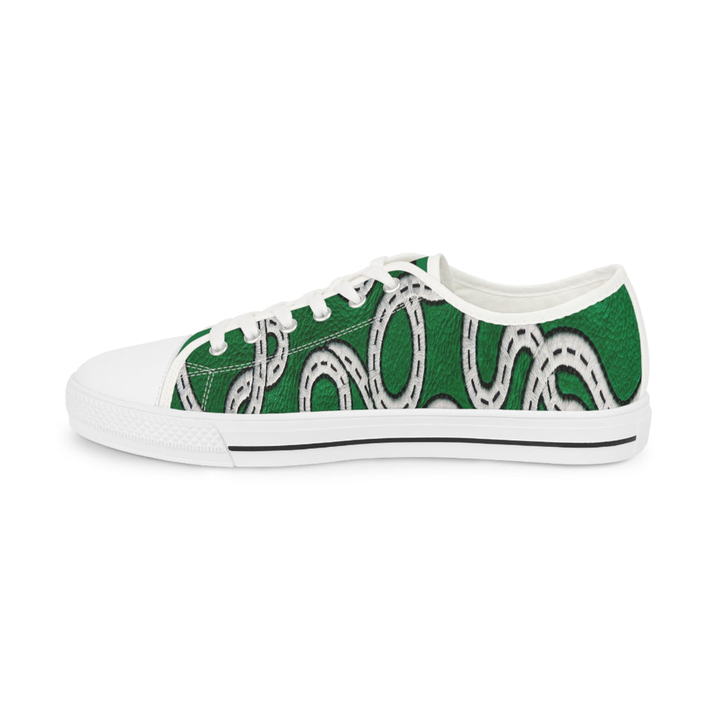 Road Design Canvas Shoes on Green Leather Print.