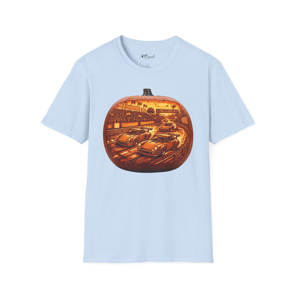 Vintage Racing Pumpkin T-Shirt — Retro Car Grand Prix Halloween Tee