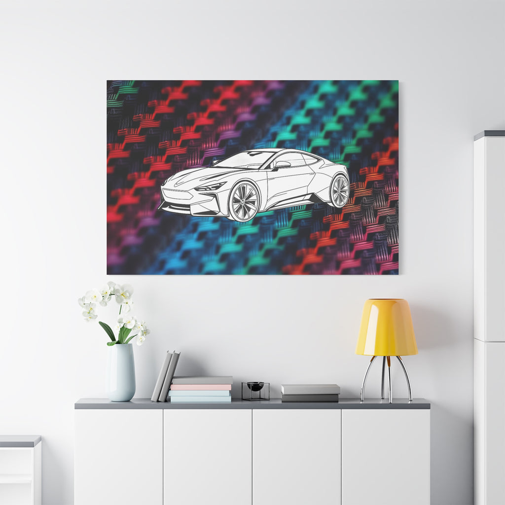 Modern Sports Car Canvas Wall Art – White Line Drawing on Rainbow Carbon Fiber Background