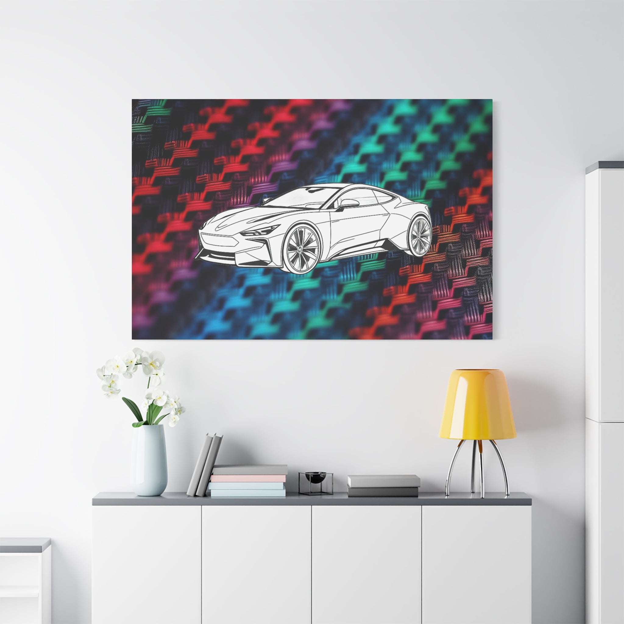 Modern Sports Car Canvas Wall Art – White Line Drawing on Rainbow Carbon Fiber Background