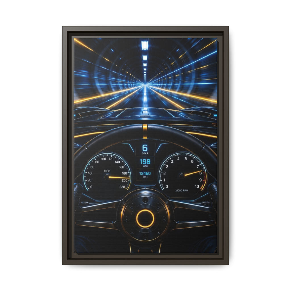 Tunnel Drive Framed Canvas Print — Retro Futuristic Car Dashboard Wall Art