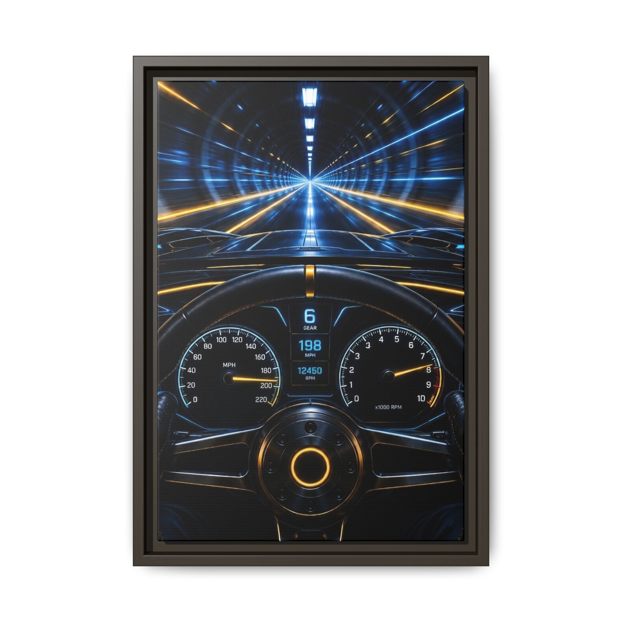 Tunnel Drive Framed Canvas Print — Retro Futuristic Car Dashboard Wall Art