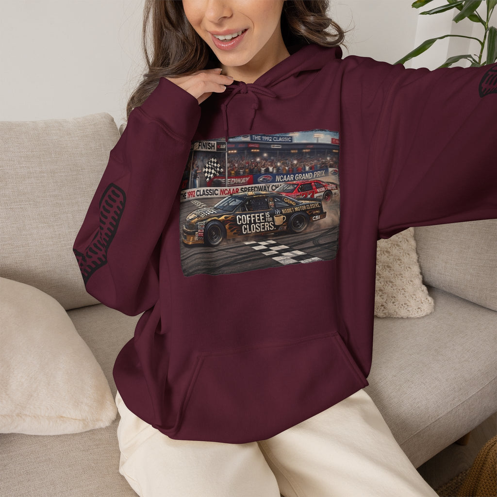 Racing Garage Hooded Sweatshirt — Vintage Racecar Track Scene