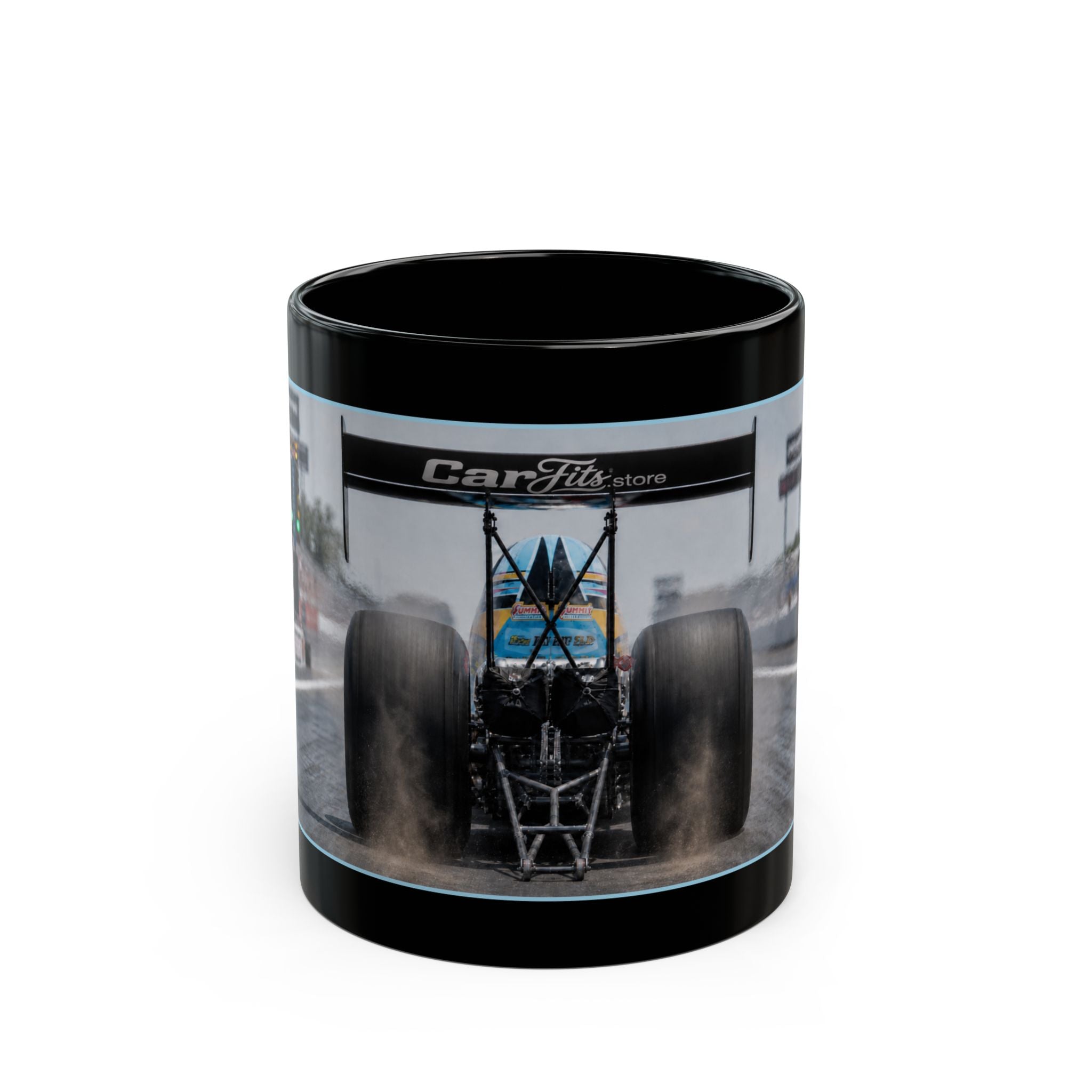 Dragster Racing Black Mug — High-Speed Drag Racing Photo Coffee Cup (11oz/15oz)