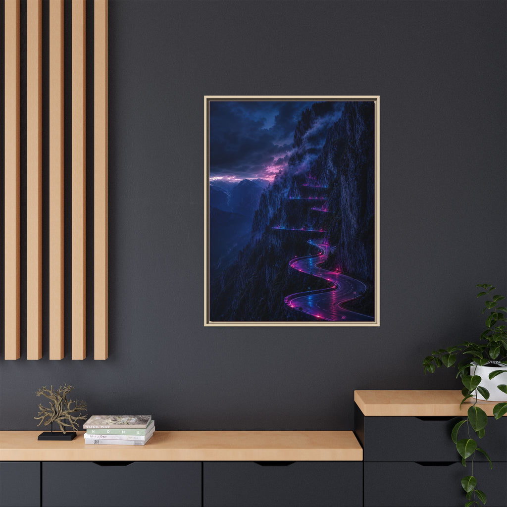 Neon Mountain Road Matte Canvas Print — Framed Nightscape Wall Art