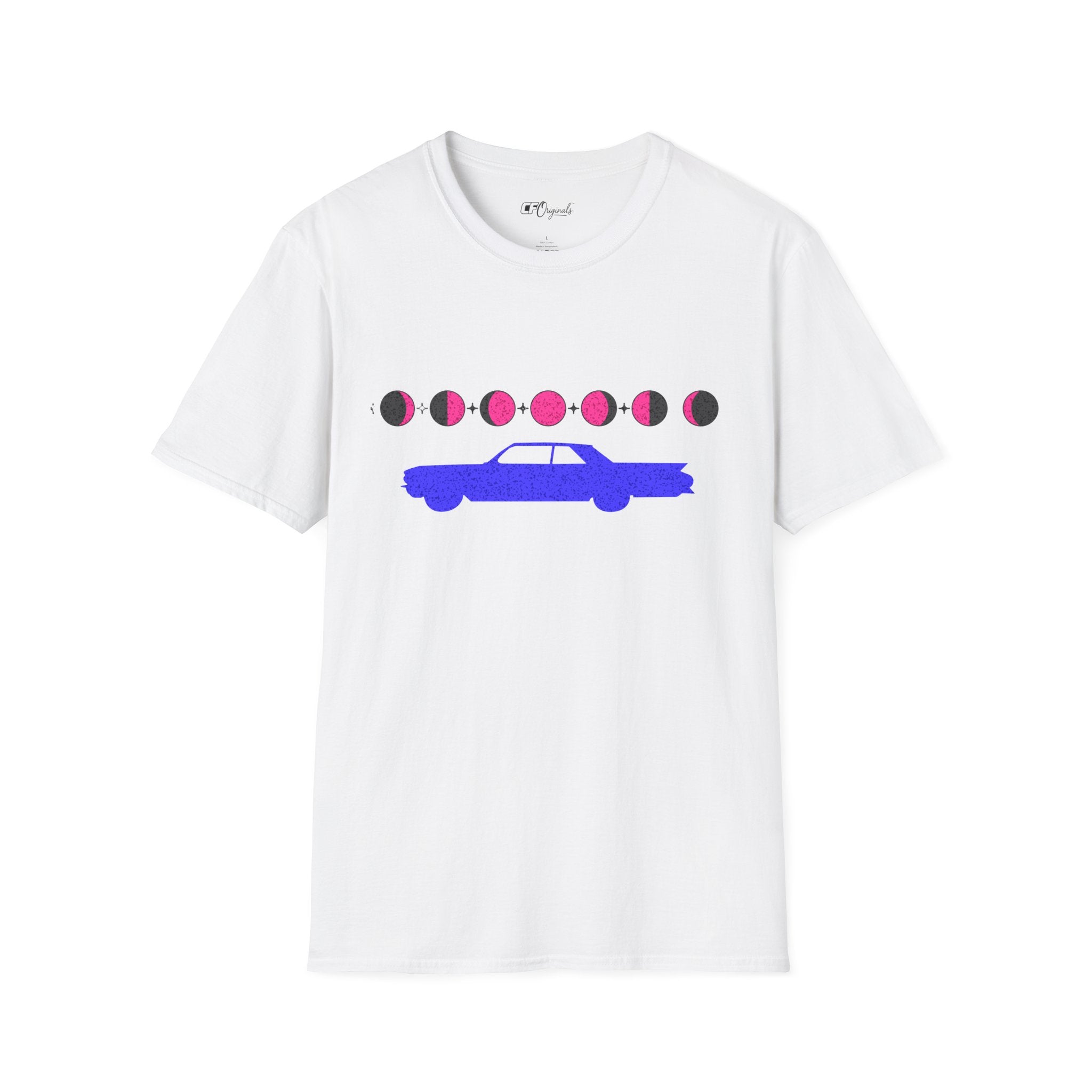 Retro Moon Phase Car T‑Shirt — Blue Classic Car with Pink Moon Phases